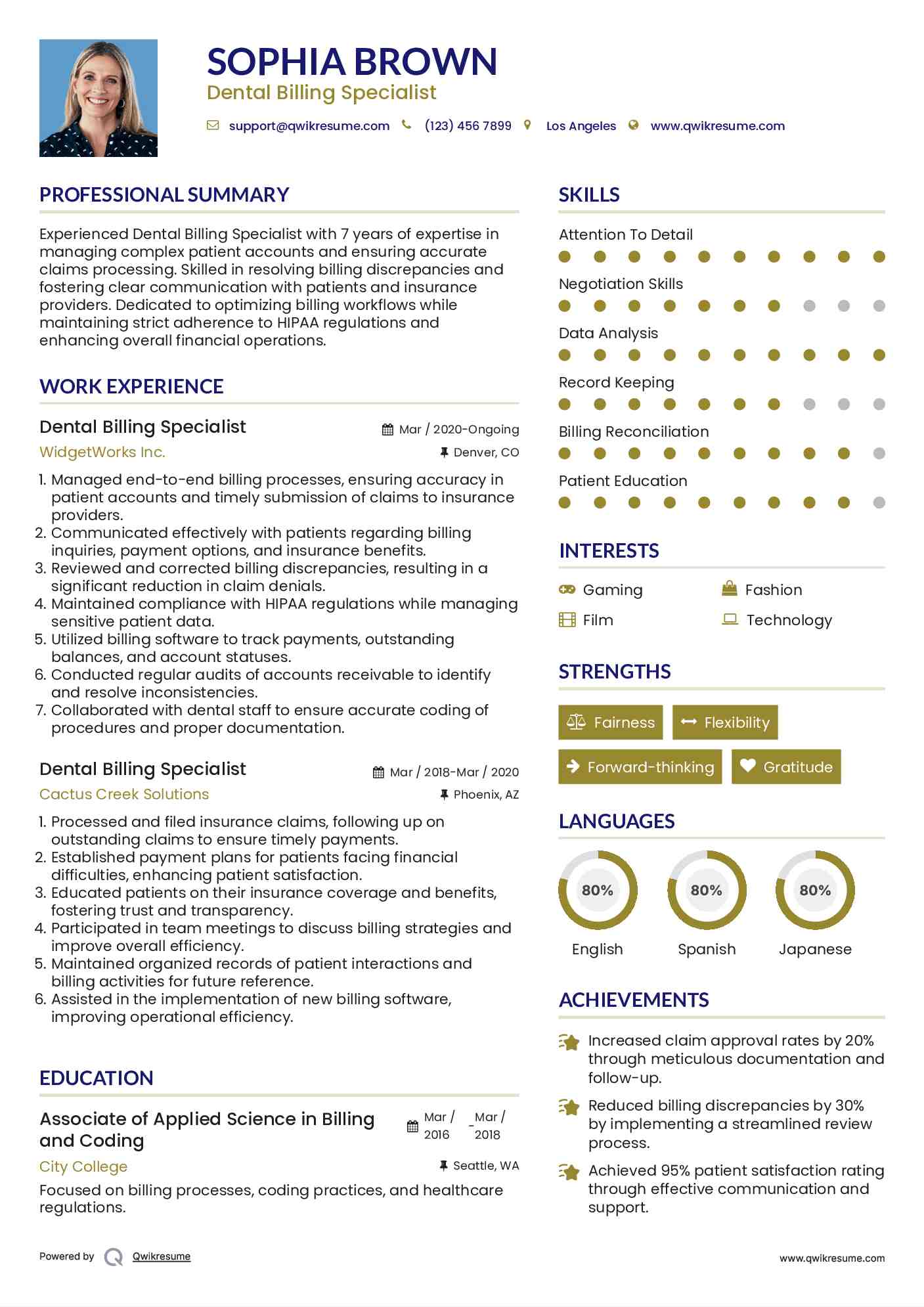 Dental Billing Specialist Resume Sample