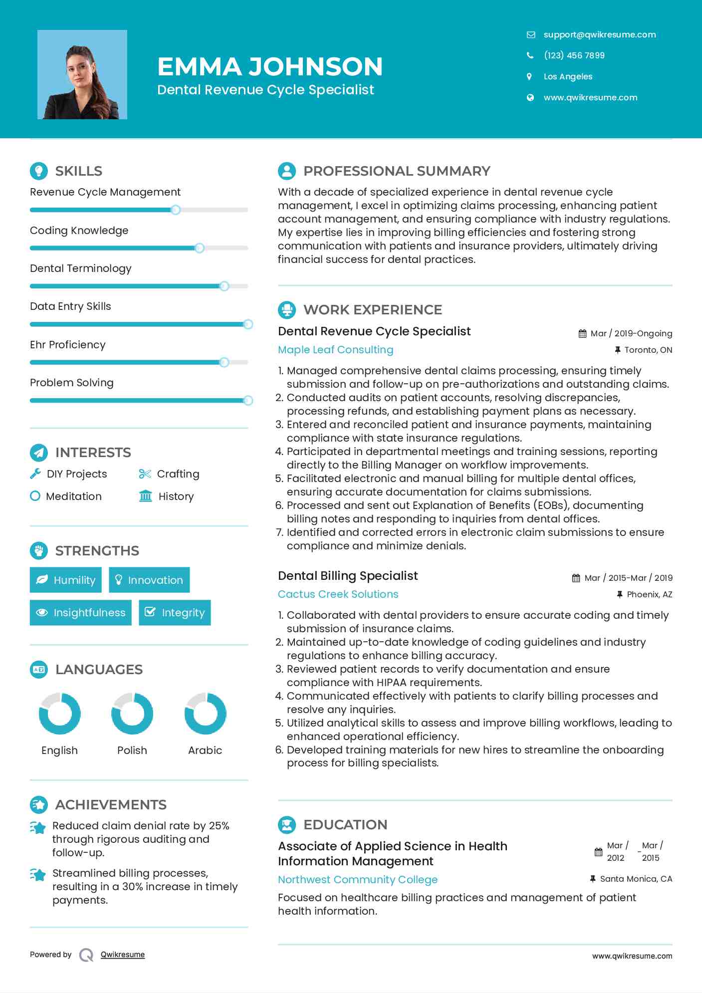 Dental Revenue Cycle Specialist Resume Sample