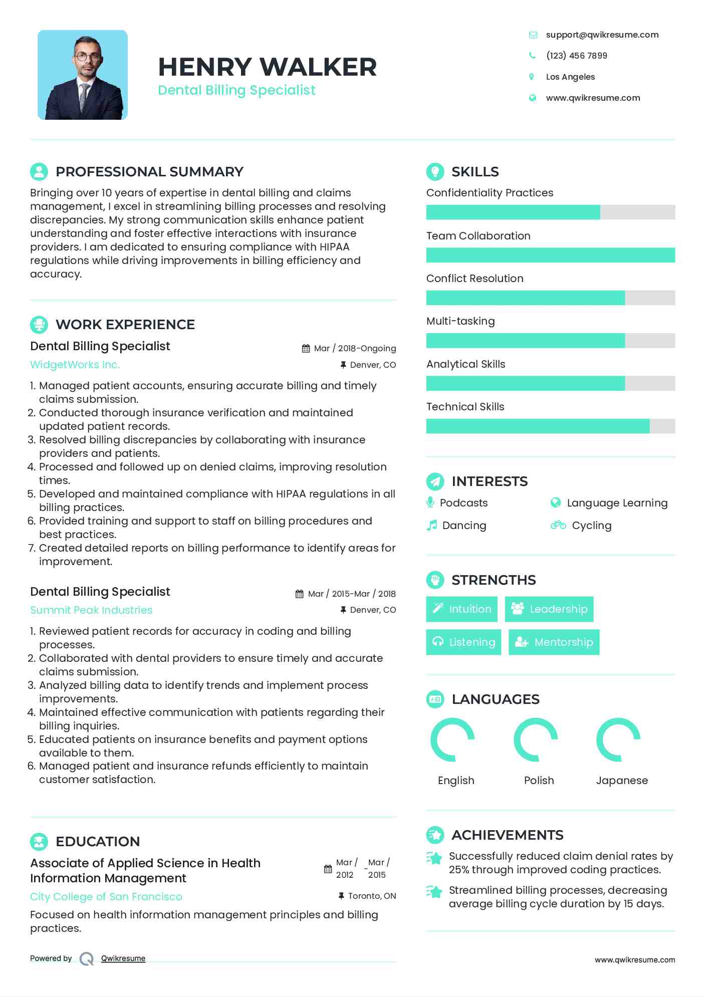 Dental Billing Specialist Resume Example