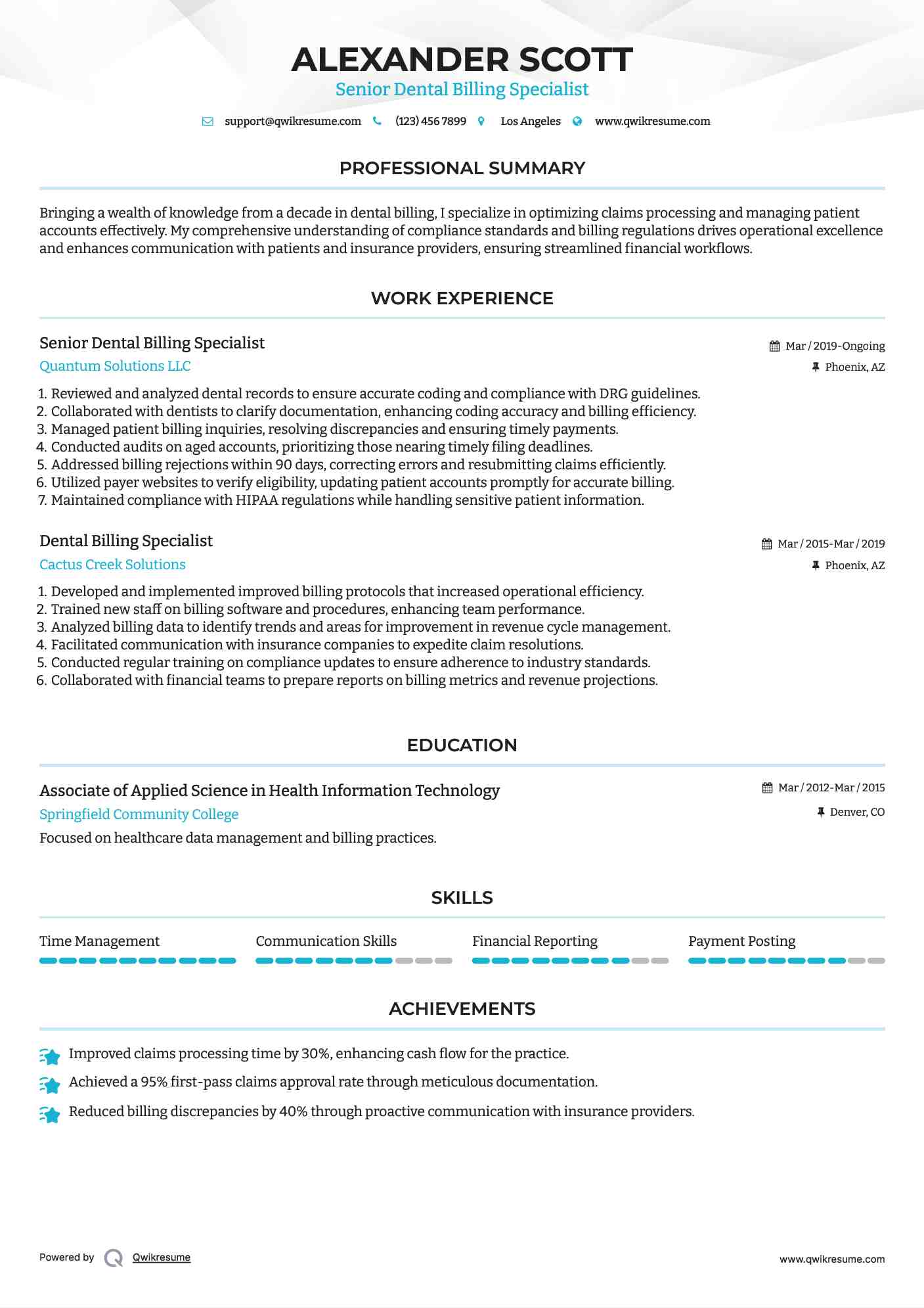 Senior Dental Billing Specialist Resume Example