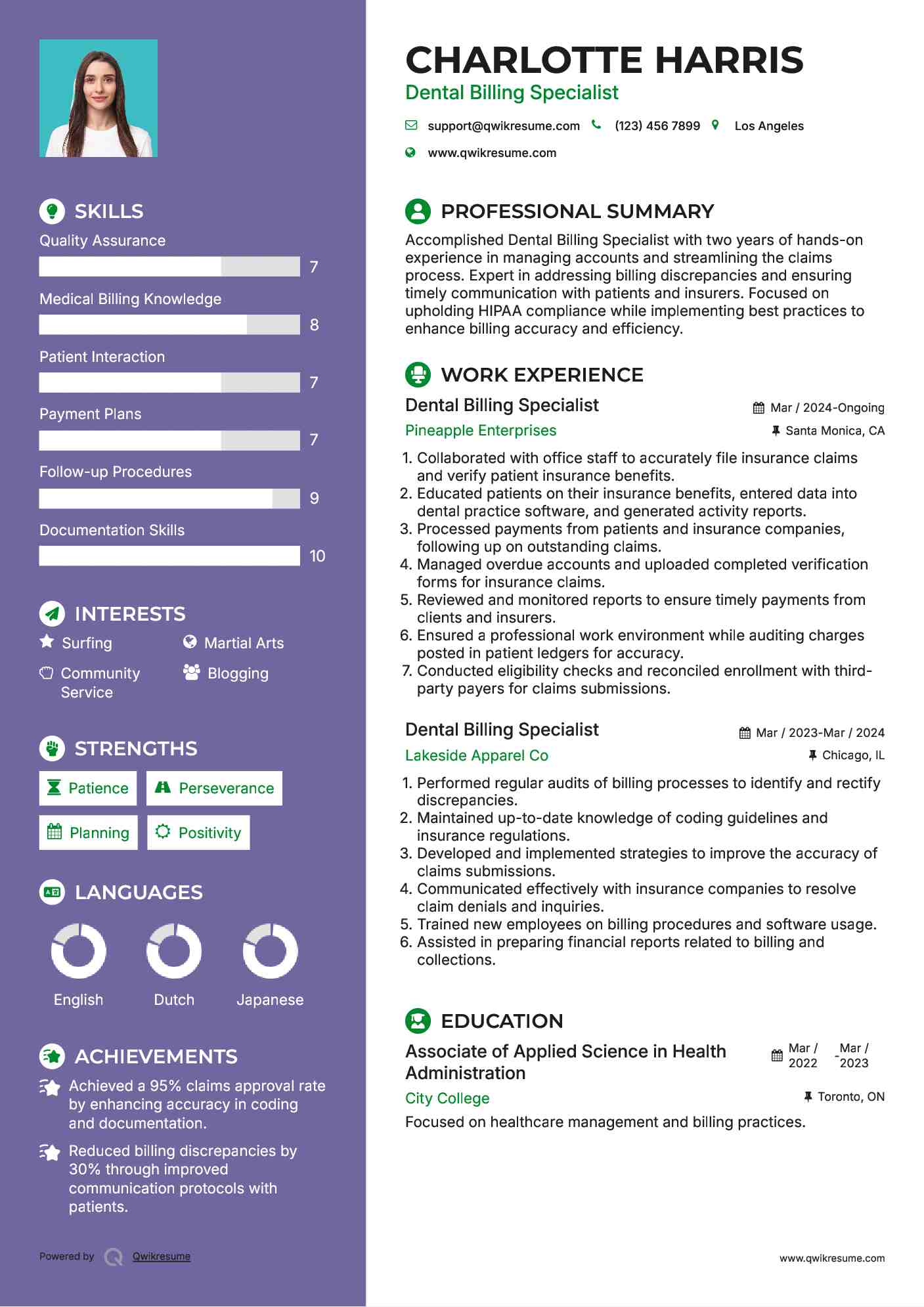 Dental Billing Specialist Resume Example