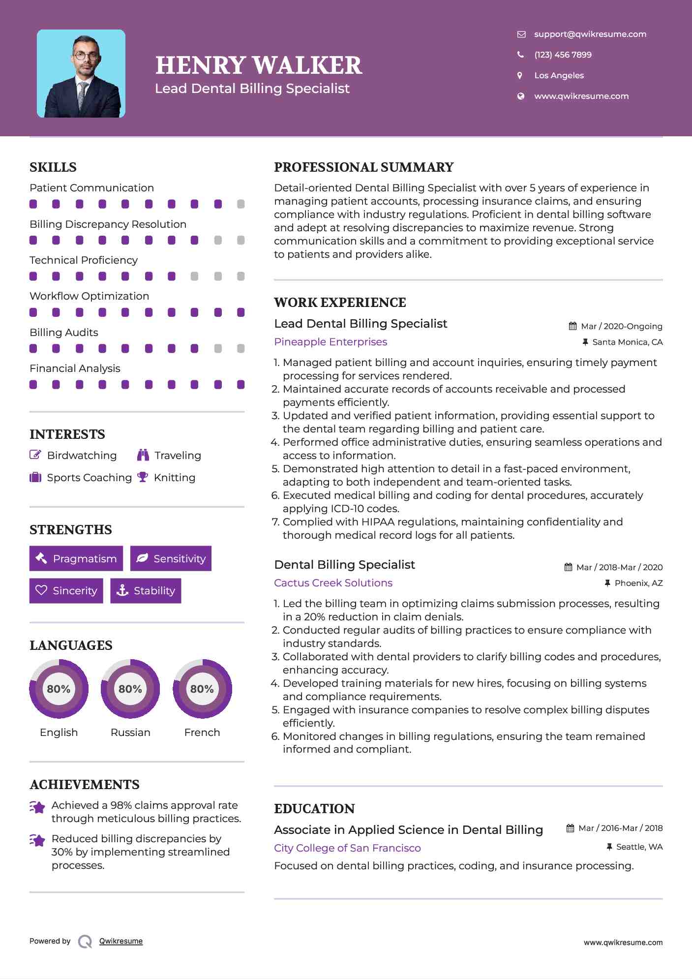 Lead Dental Billing Specialist Resume Format