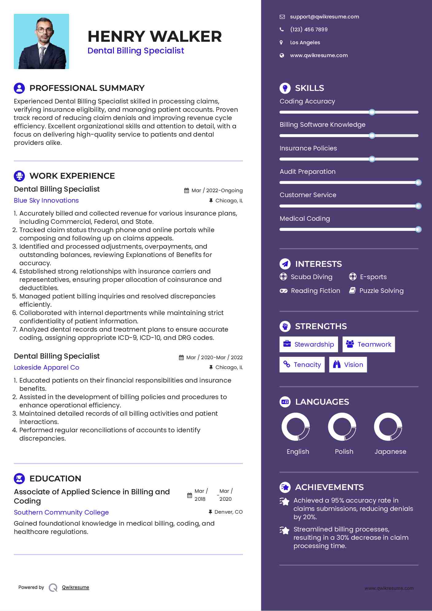 Dental Billing Specialist Resume Example