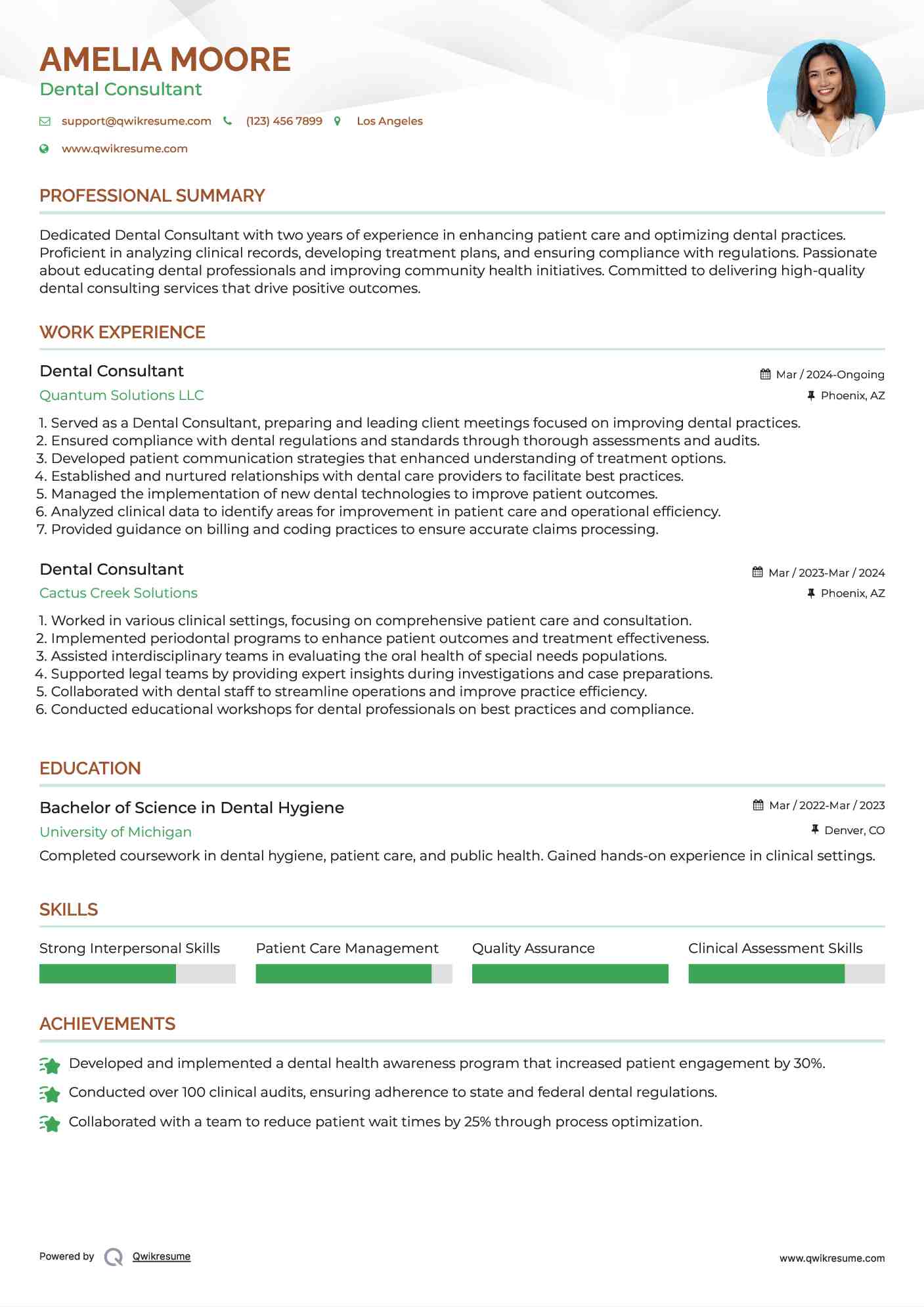 Dental Consultant Resume Sample