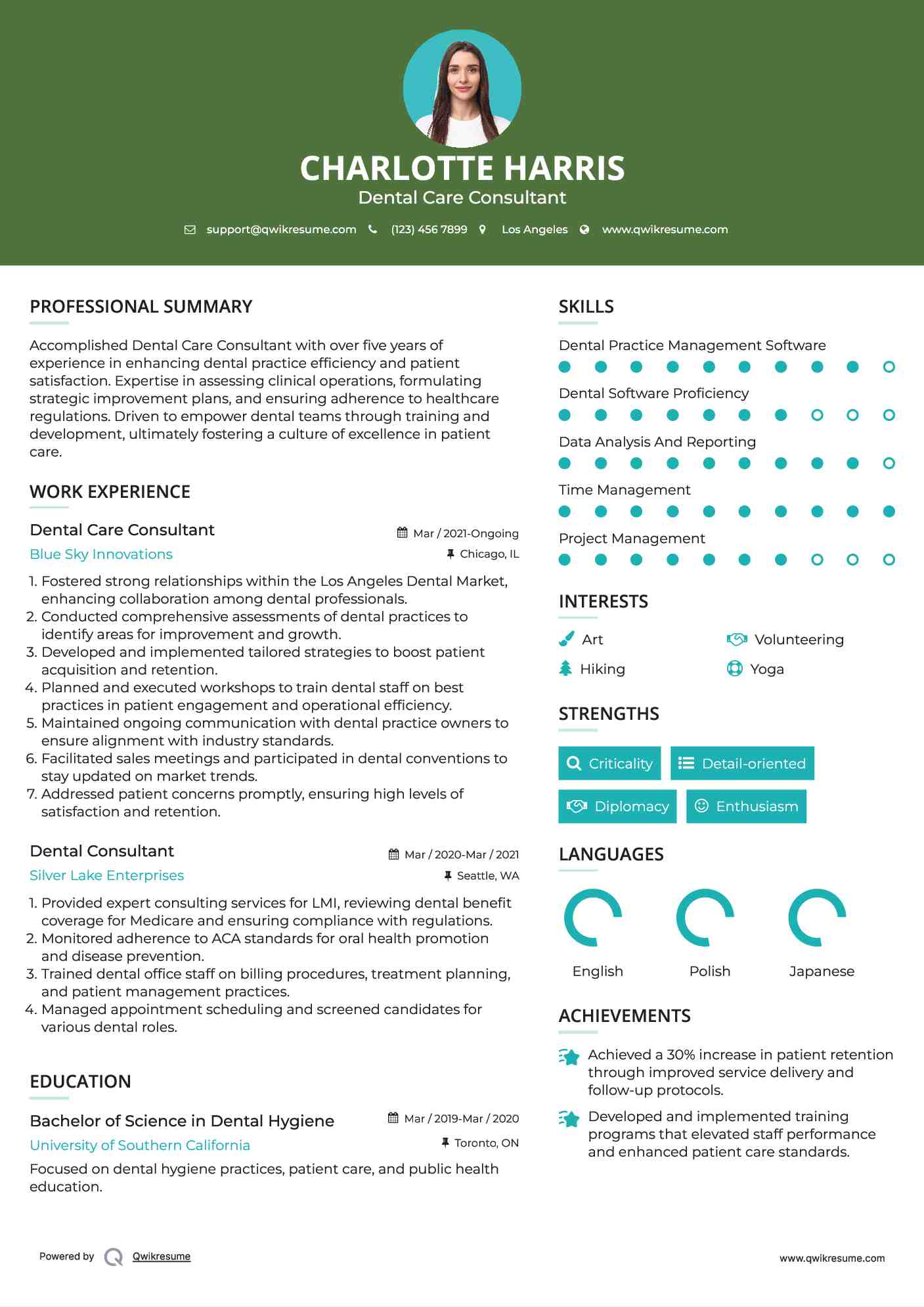 Dental Care Consultant Resume Model