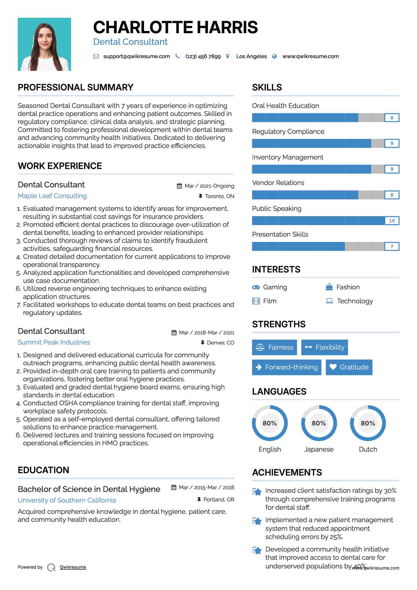 Dental Consultant Resume Model