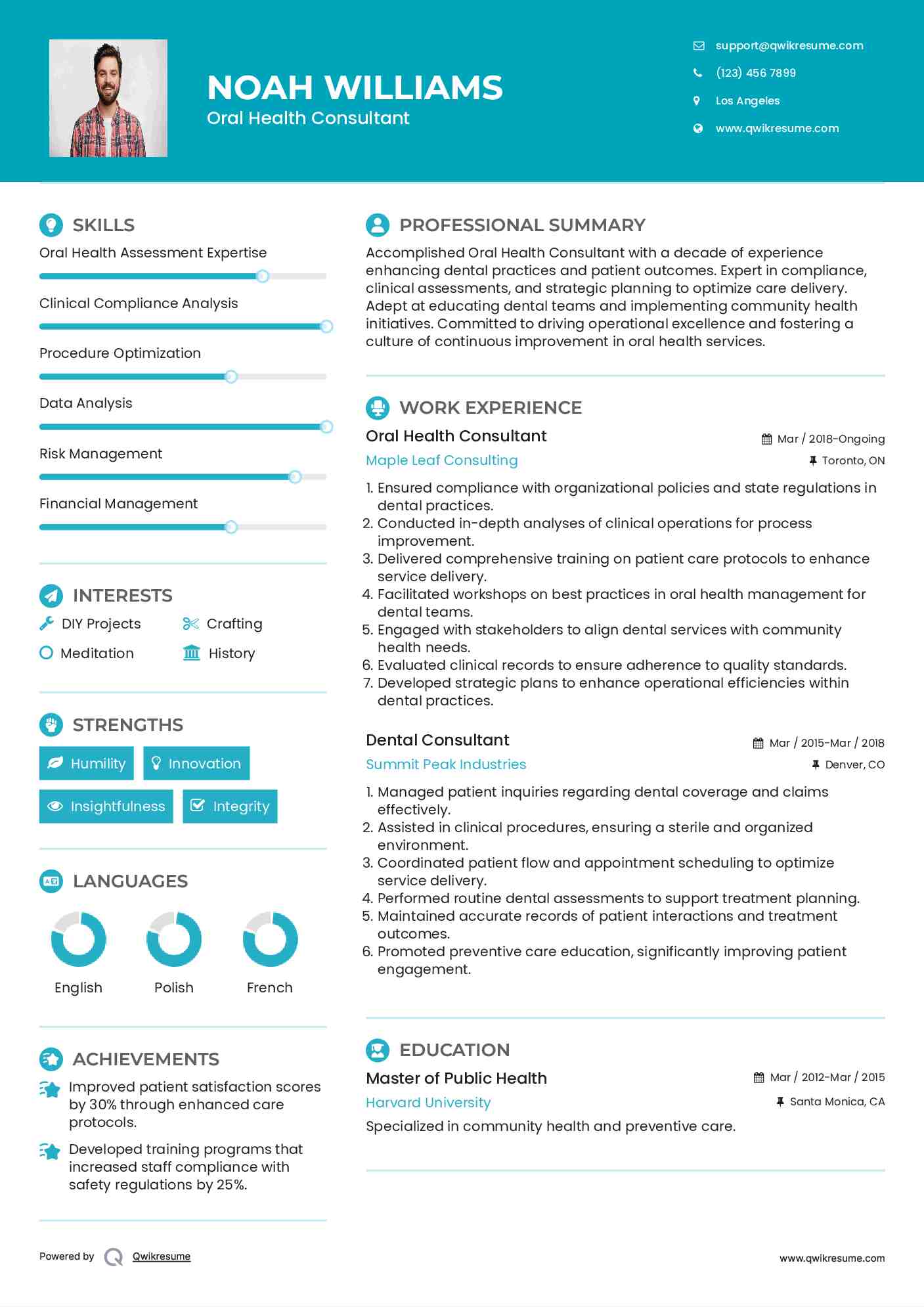 Oral Health Consultant Resume Model