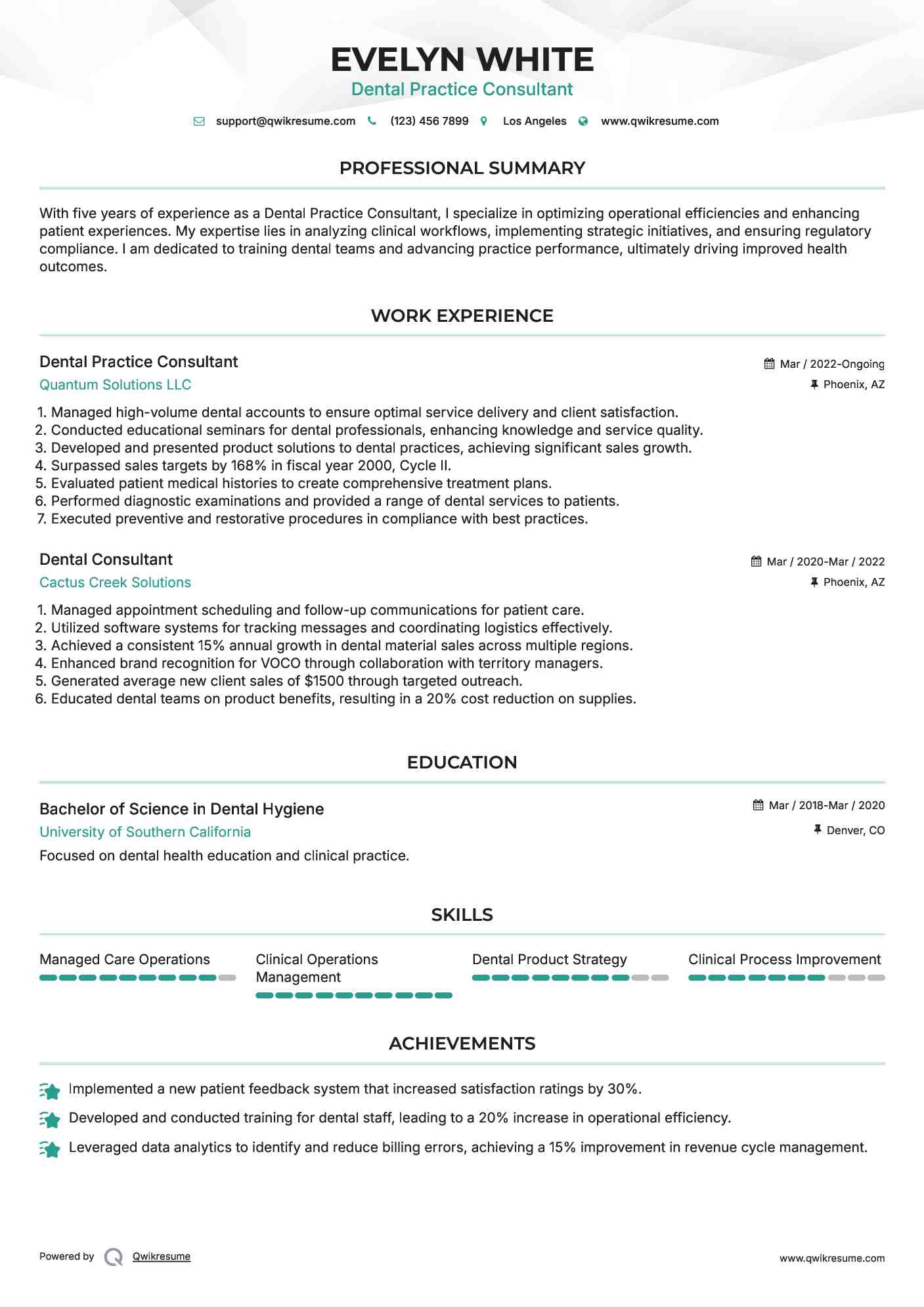 Dental Practice Consultant Resume Model