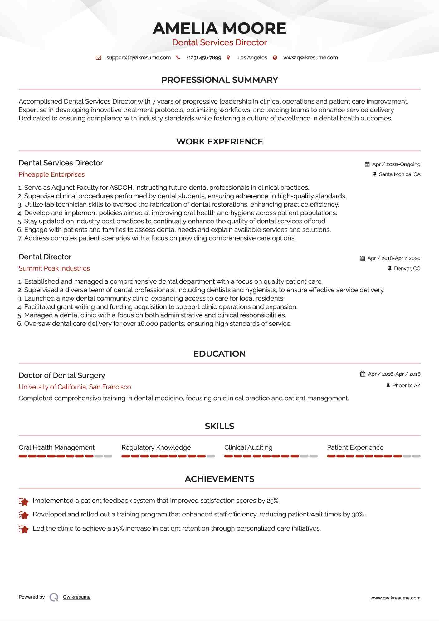 Dental Services Director Resume Template