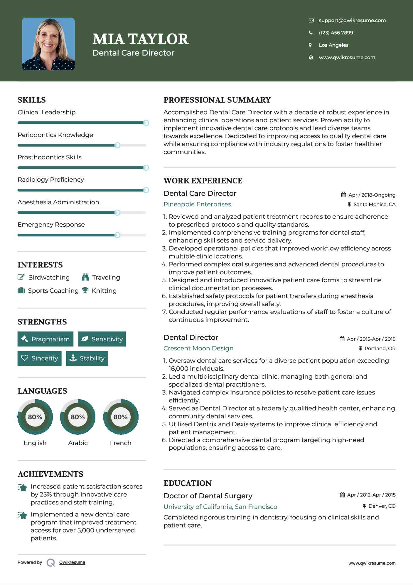 Dental Care Director Resume Format
