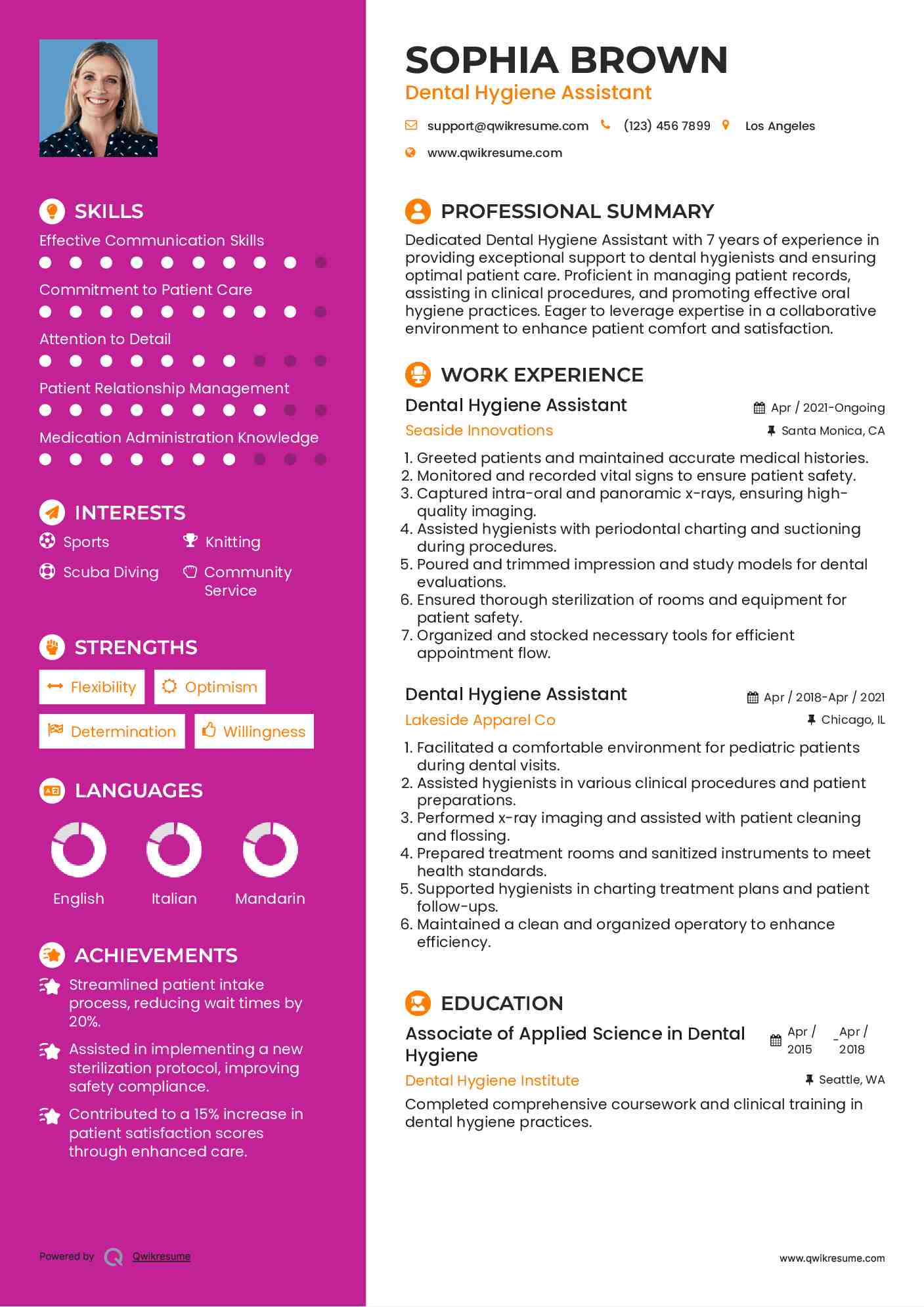 Dental Hygiene Assistant Resume Model