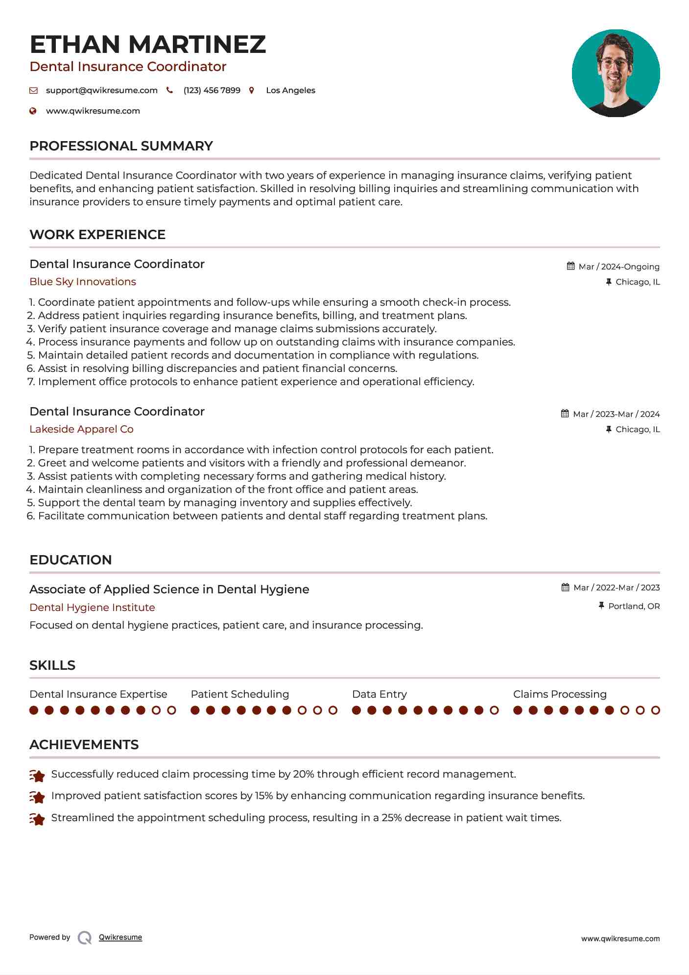 Dental Insurance Coordinator Resume Sample