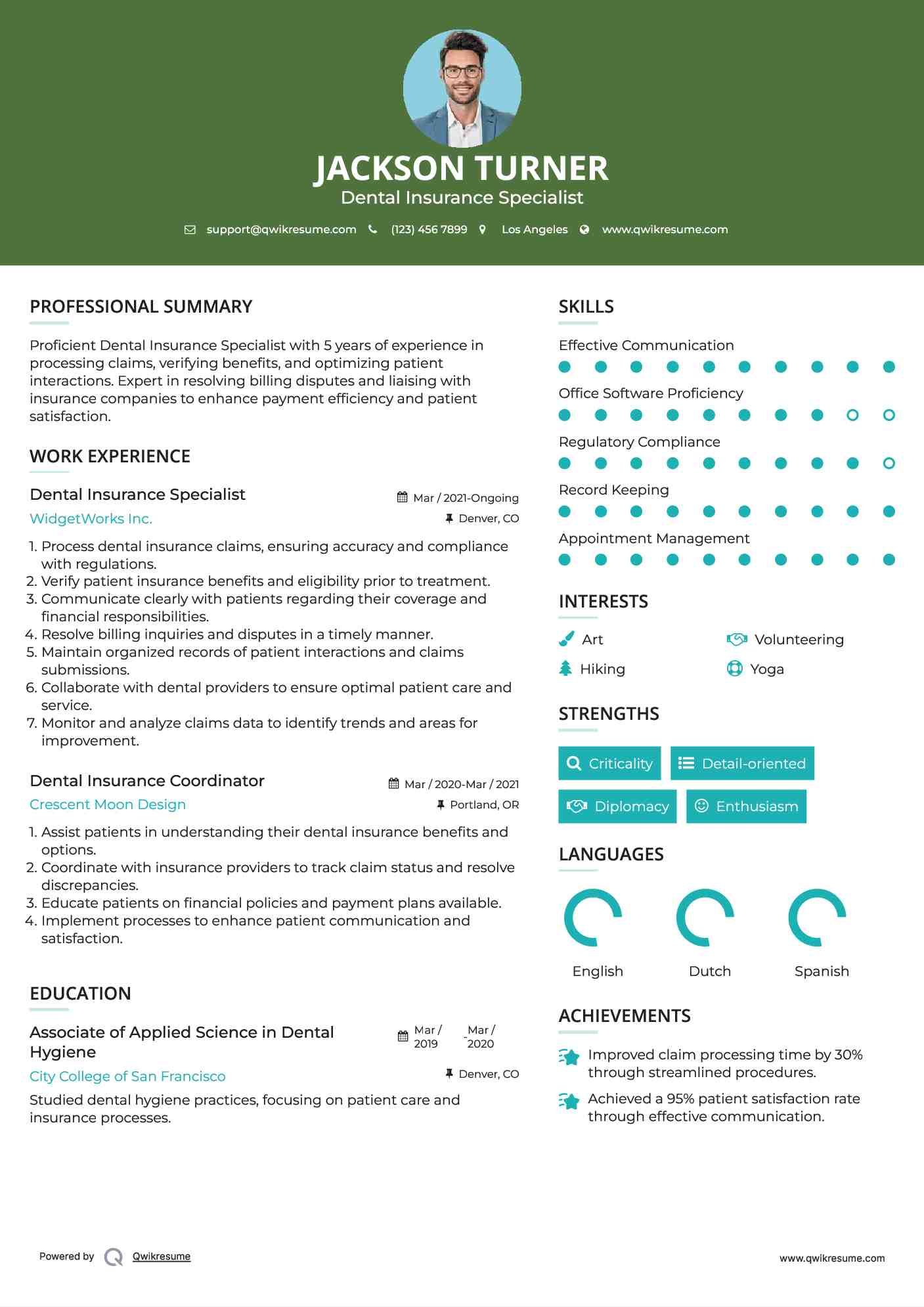 Dental Insurance Specialist Resume Model