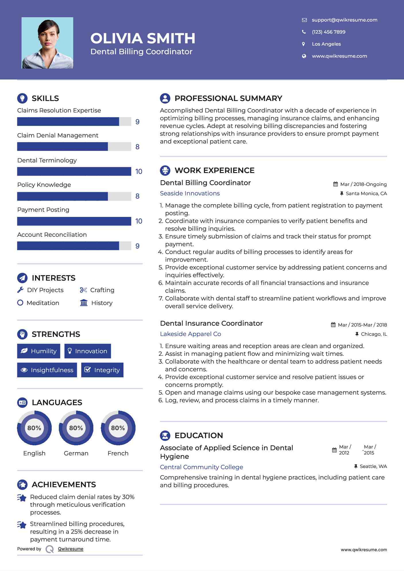 Dental Billing Coordinator Resume Example