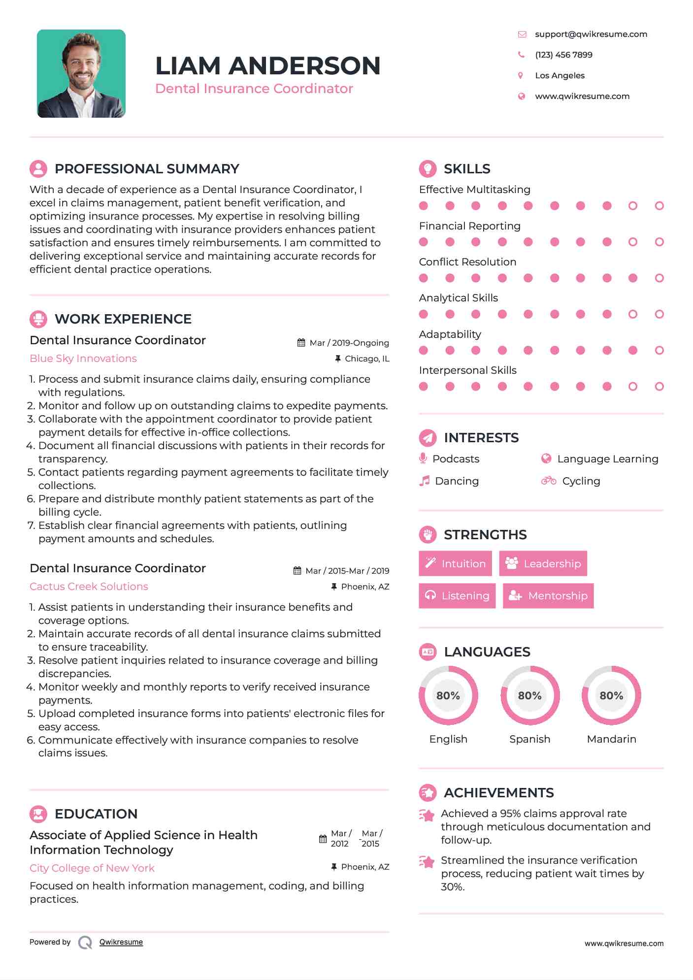 Dental Insurance Coordinator Resume Samples QwikResume