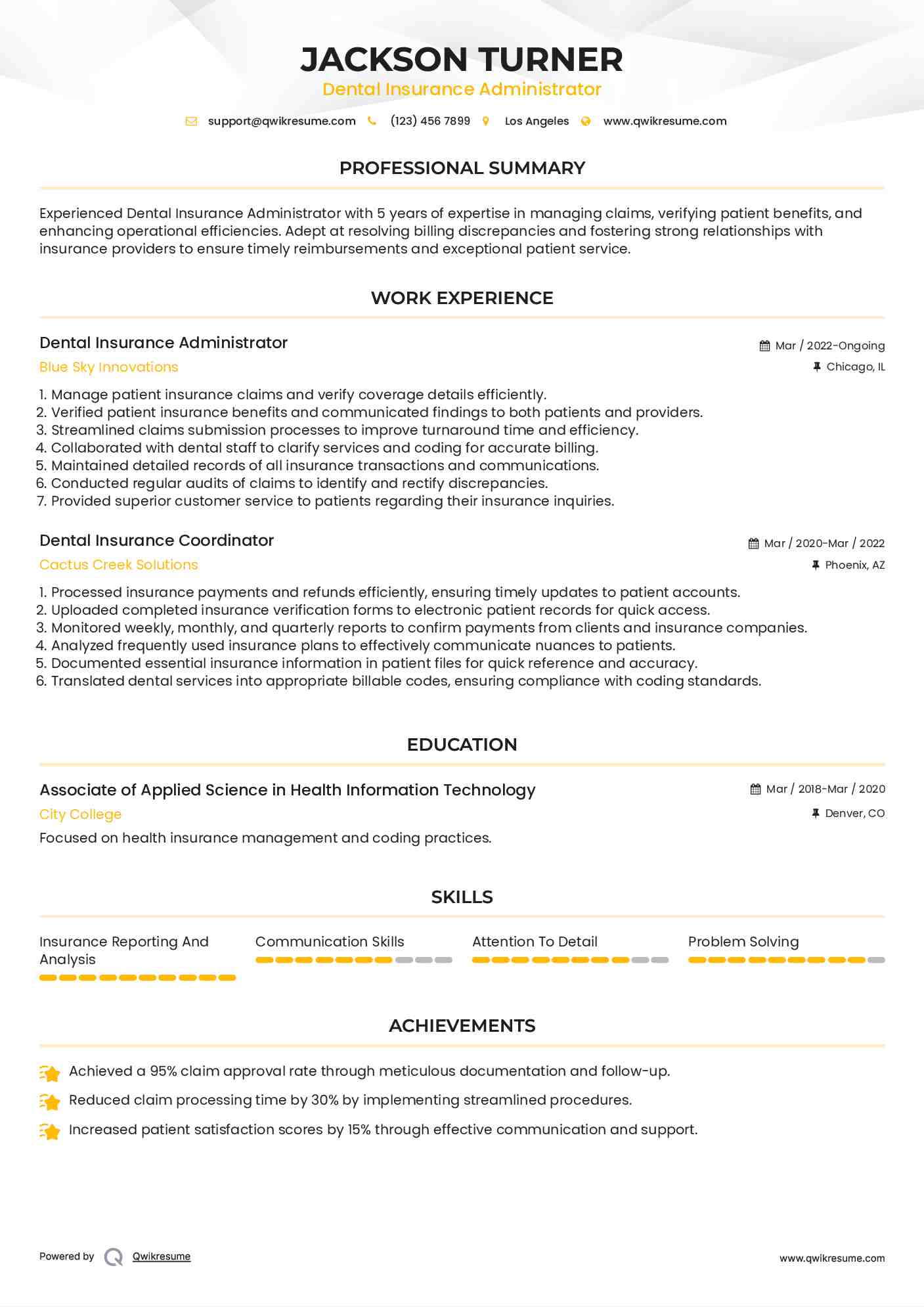 Dental Insurance Administrator Resume Template