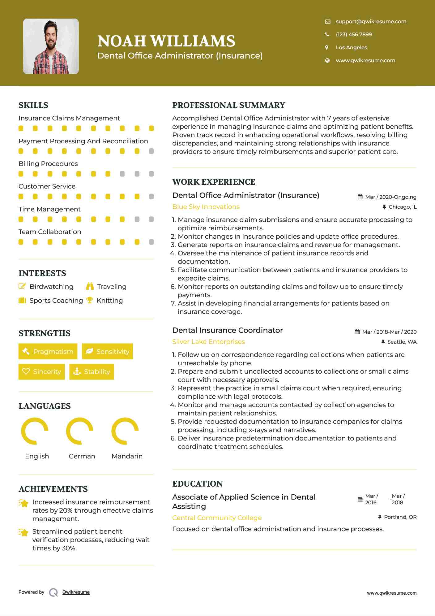 Dental Office Administrator (Insurance) Resume Format