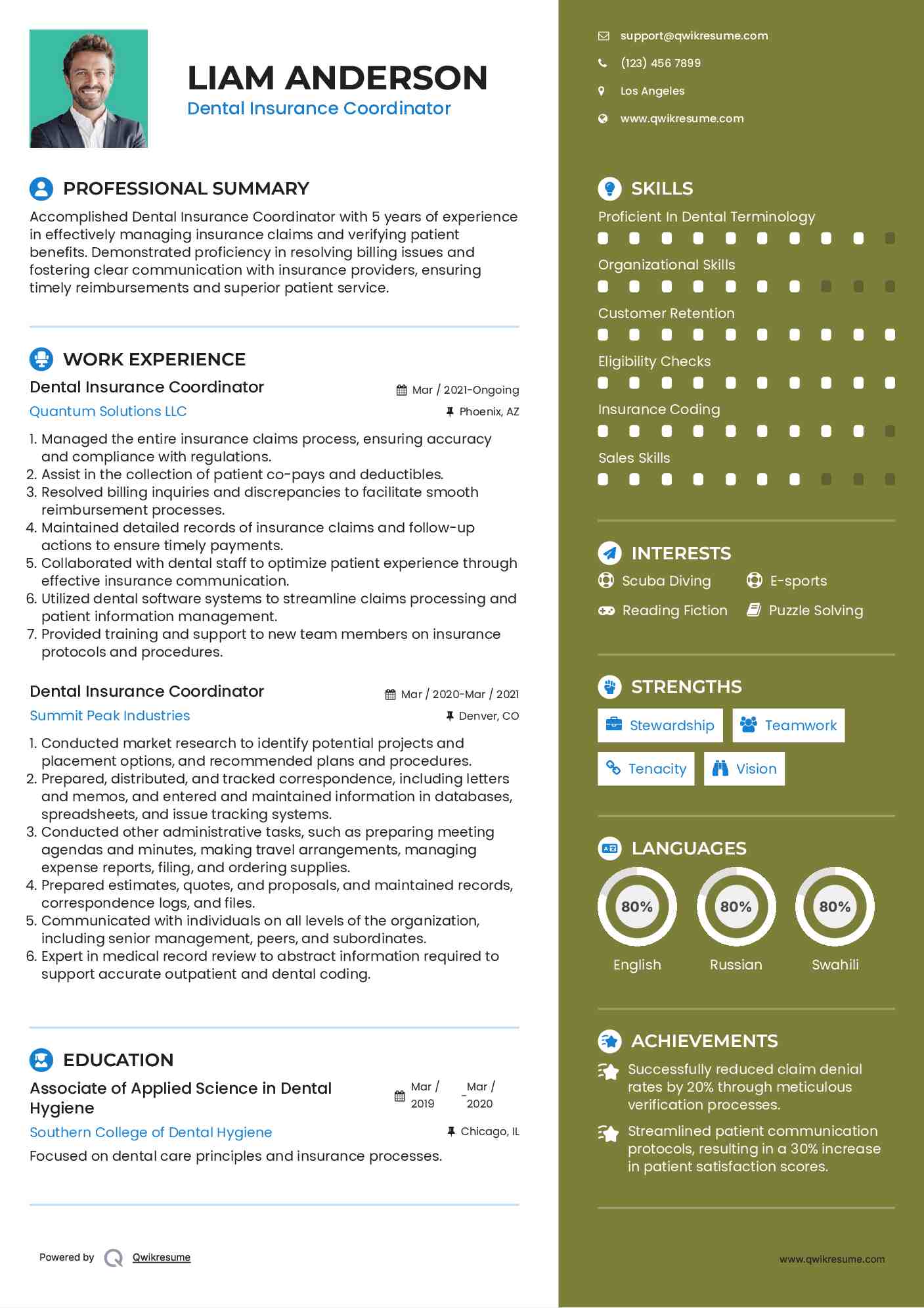 Dental Insurance Coordinator Resume Samples QwikResume