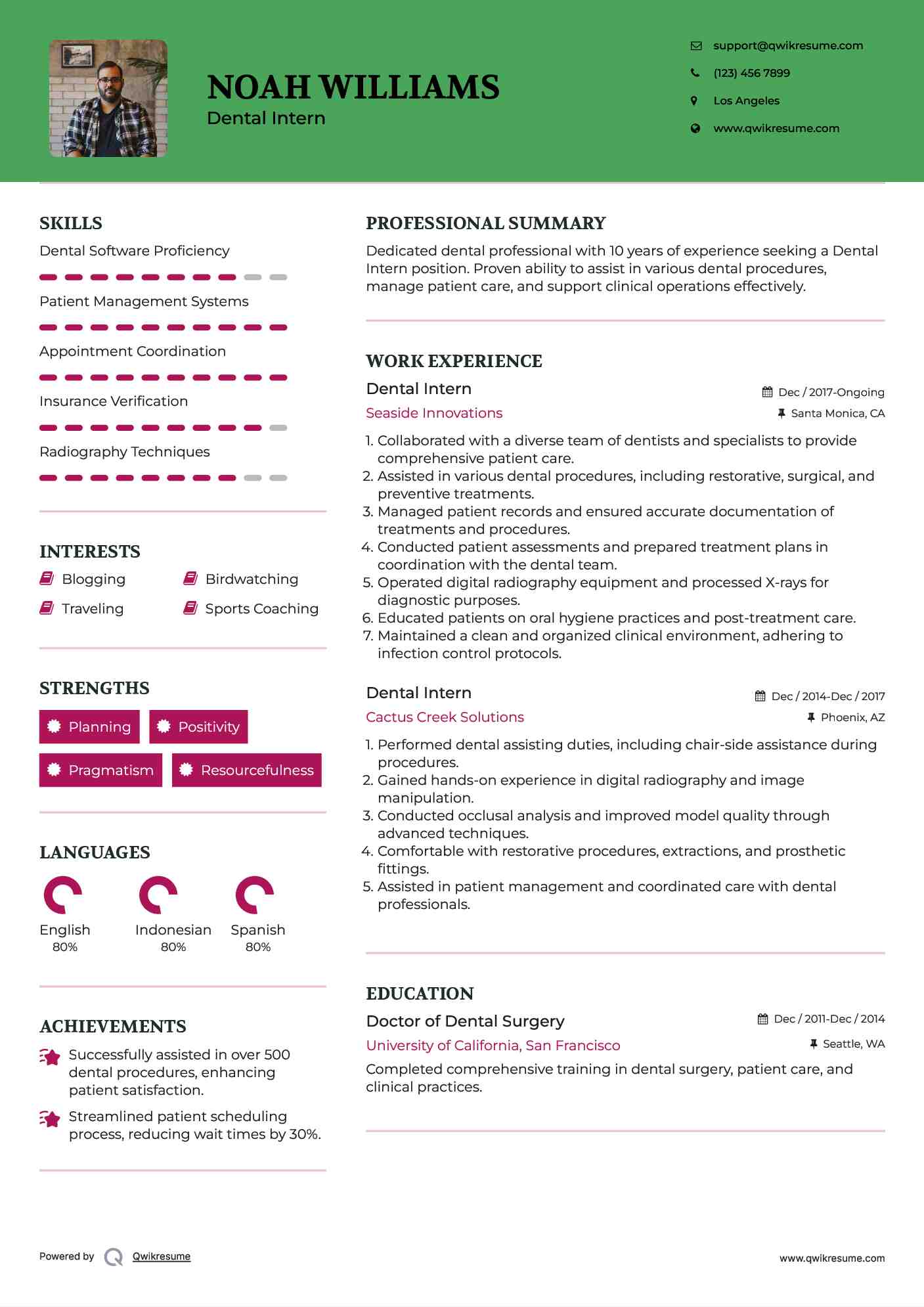 Dental Intern Resume Model