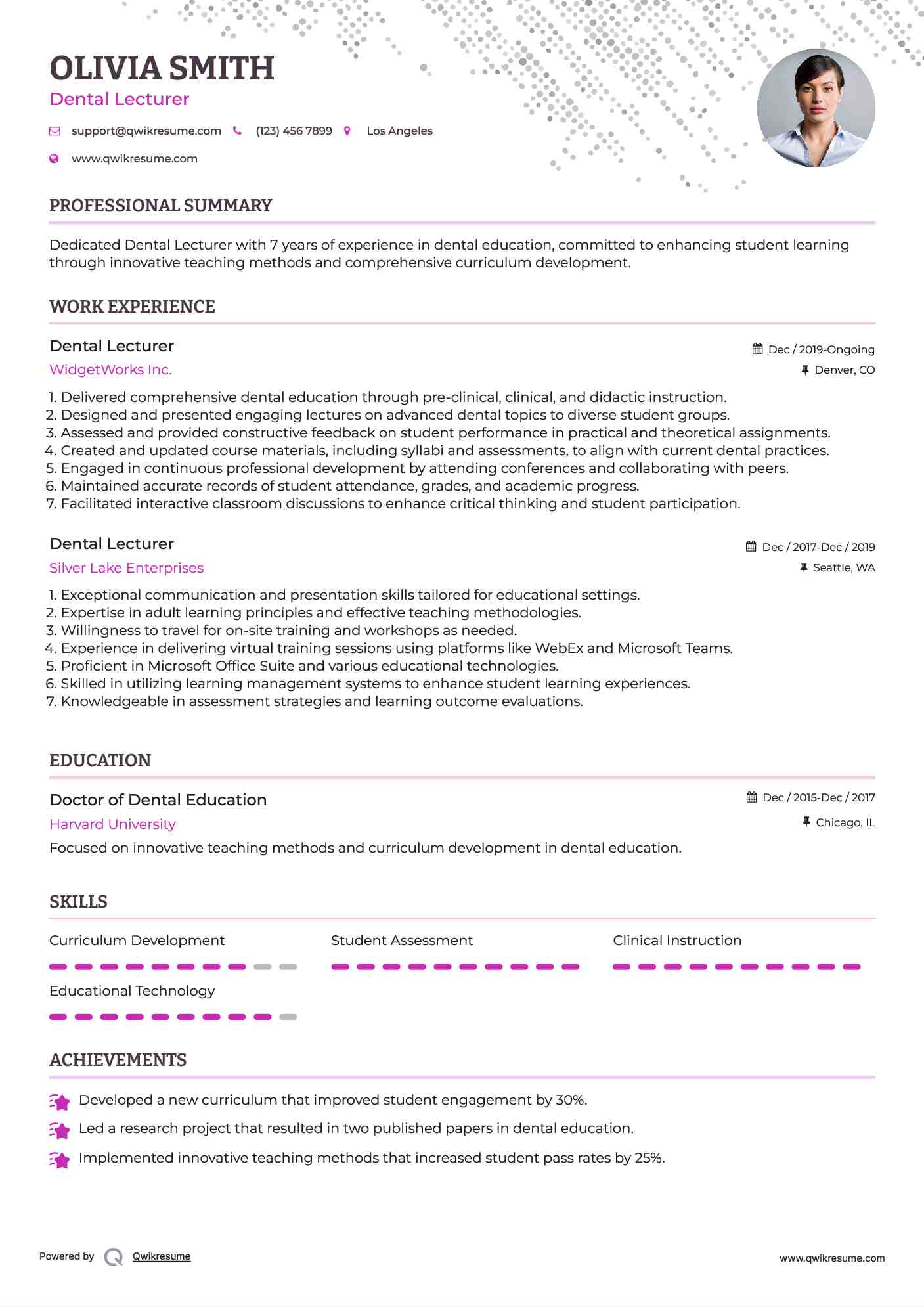 Dental Lecturer Resume Sample