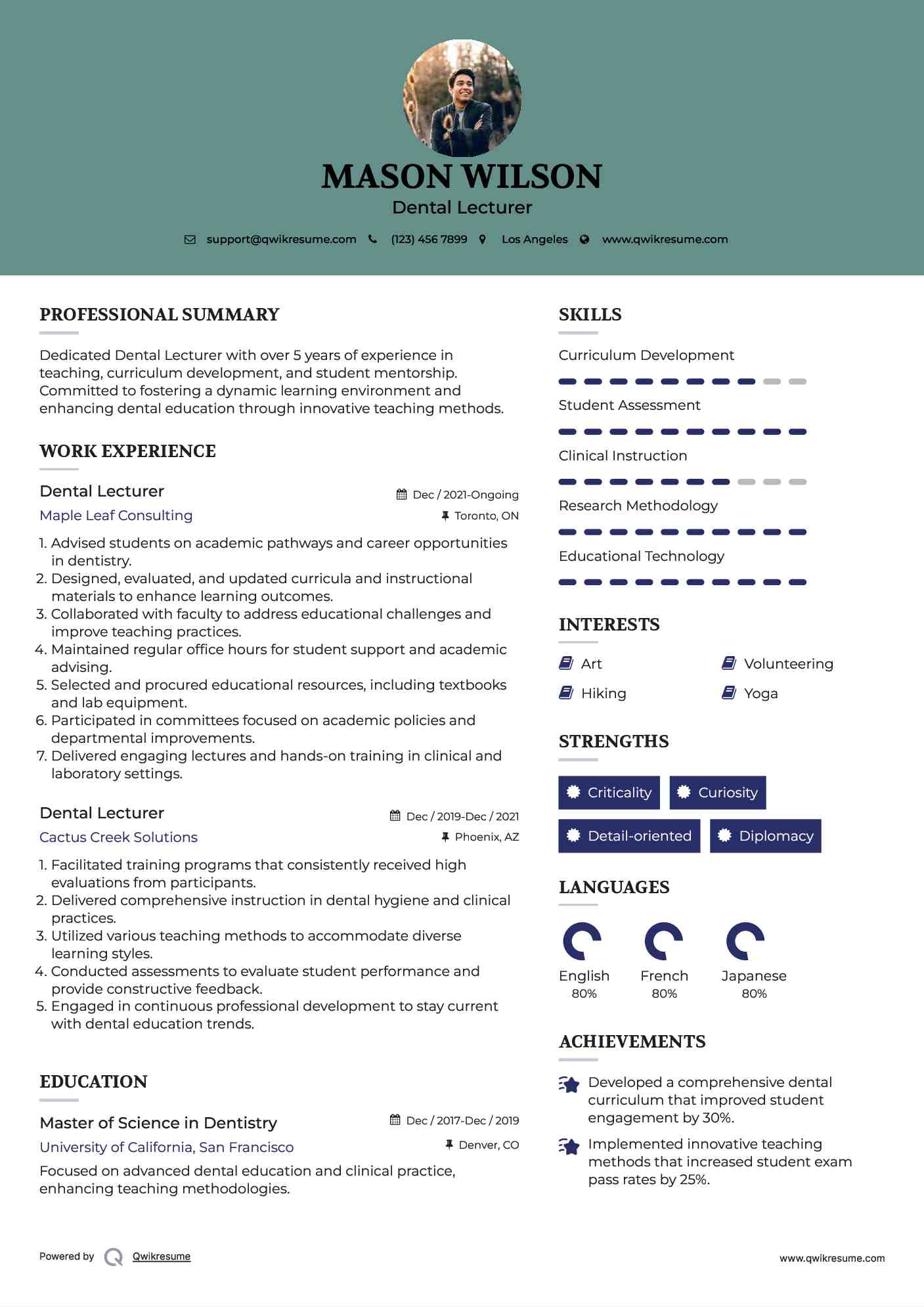 Dental Lecturer Resume Model