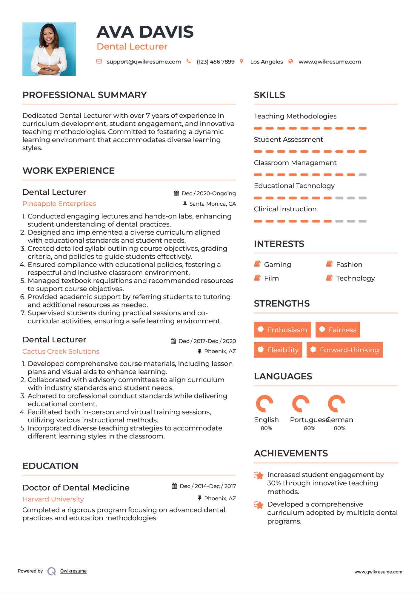 Dental Lecturer Resume Example