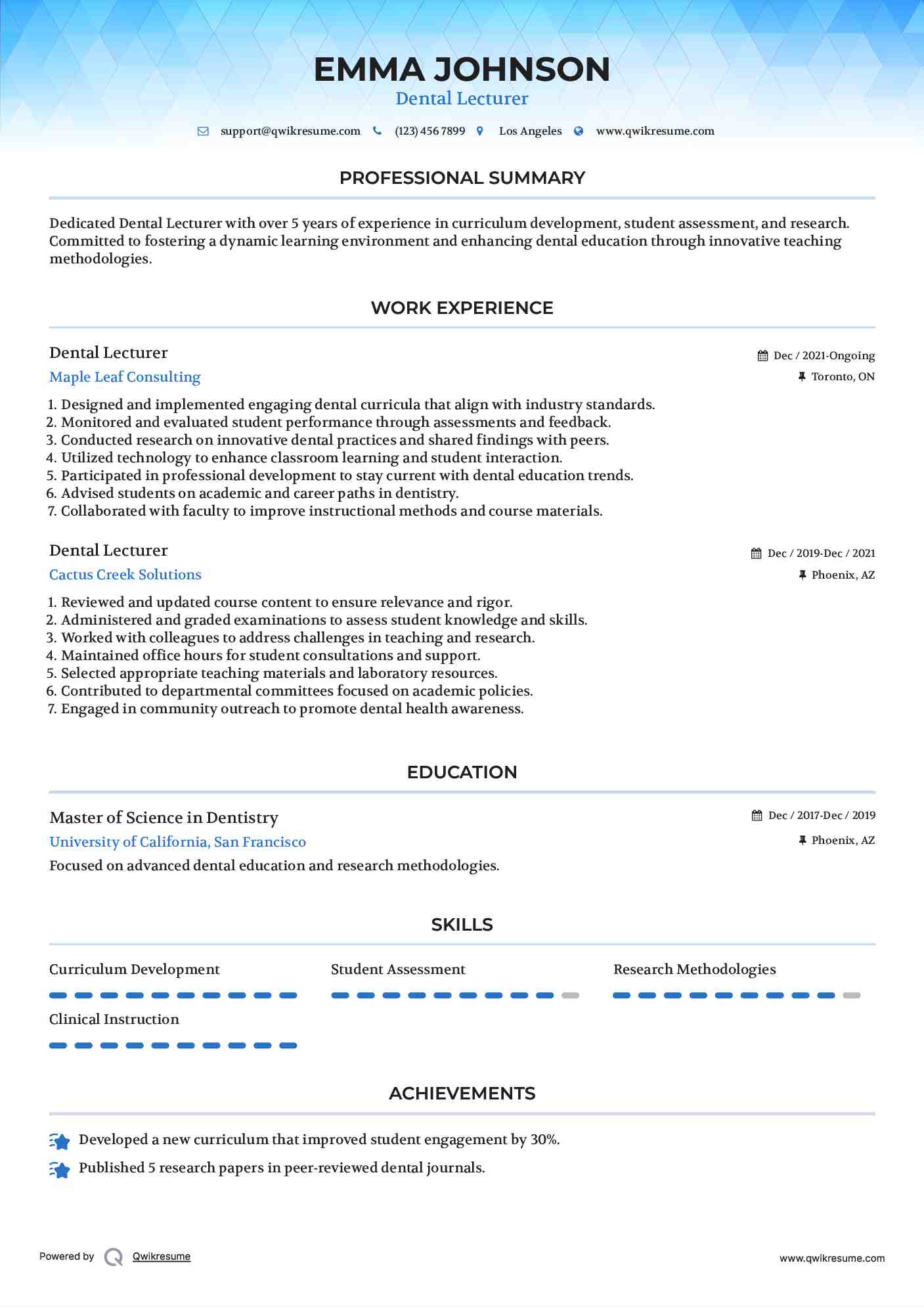 Dental Lecturer Resume Model