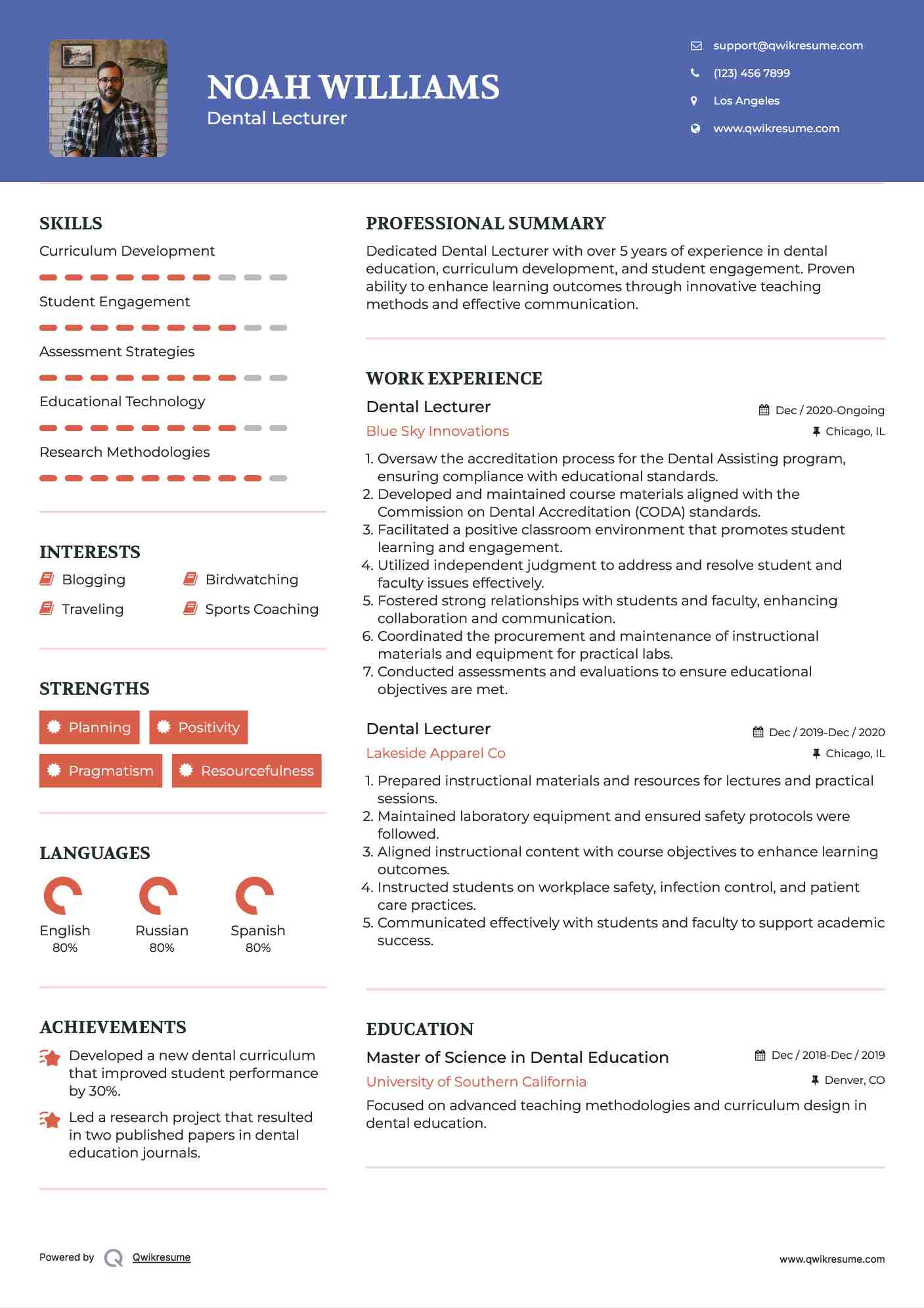 Dental Lecturer Resume Model