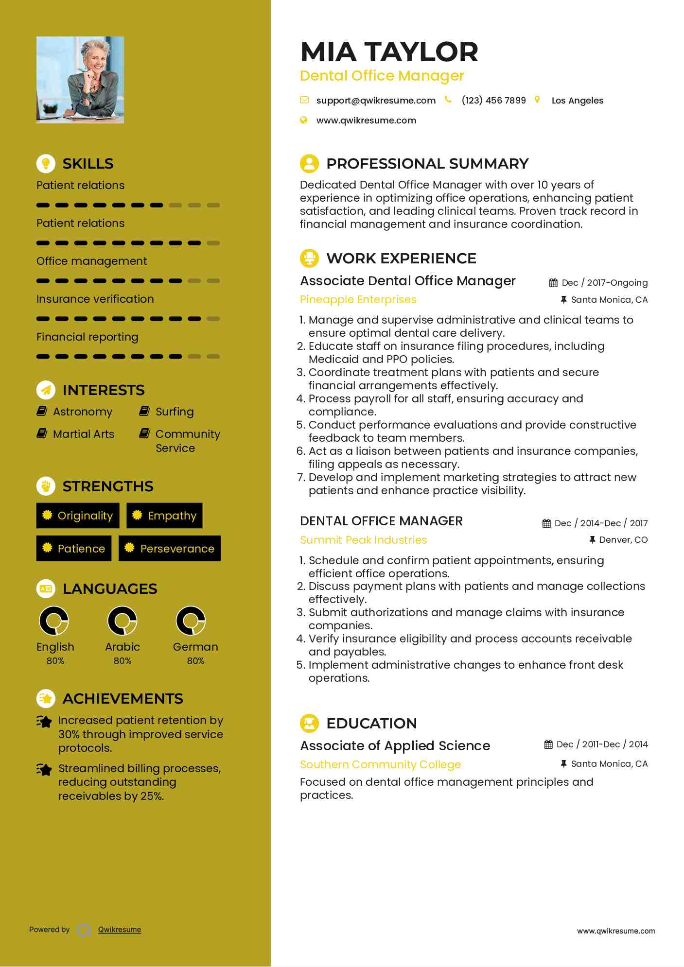 Dental Office Manager Resume Samples QwikResume
