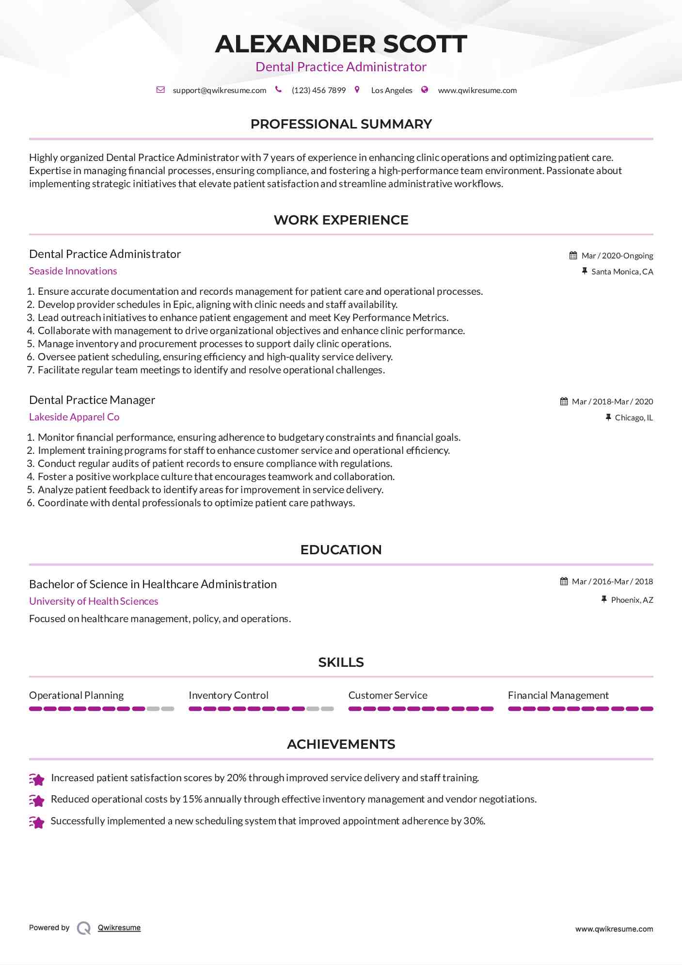 Dental Practice Administrator Resume Model