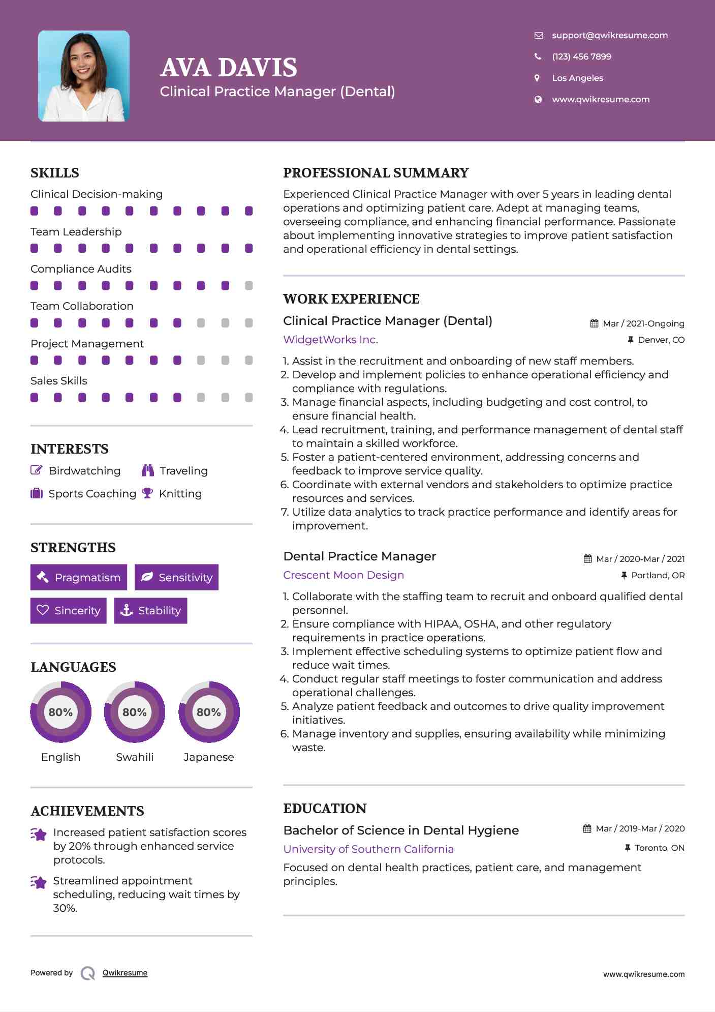 Clinical Practice Manager (Dental) Resume Sample