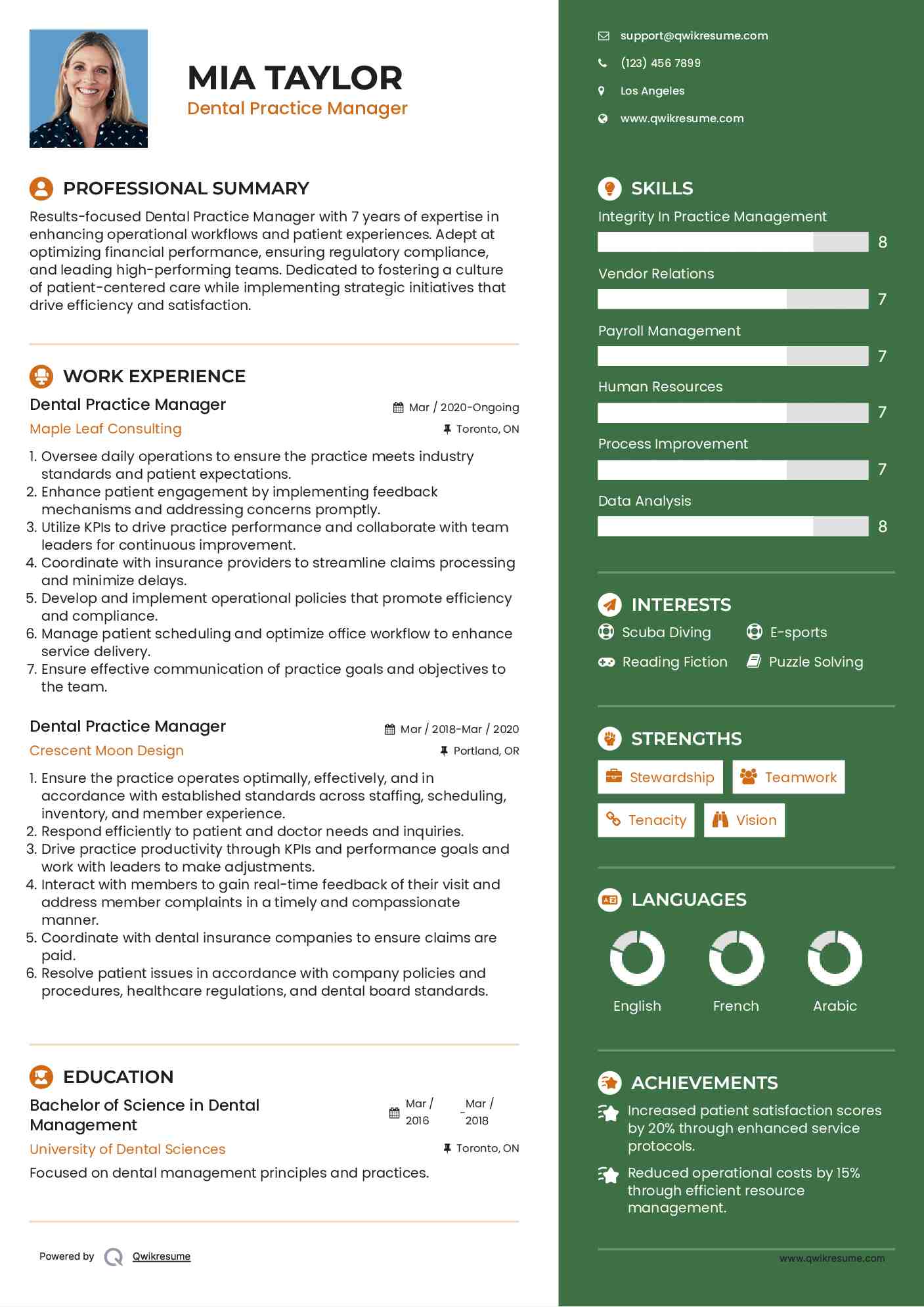 Dental Practice Manager Resume Example