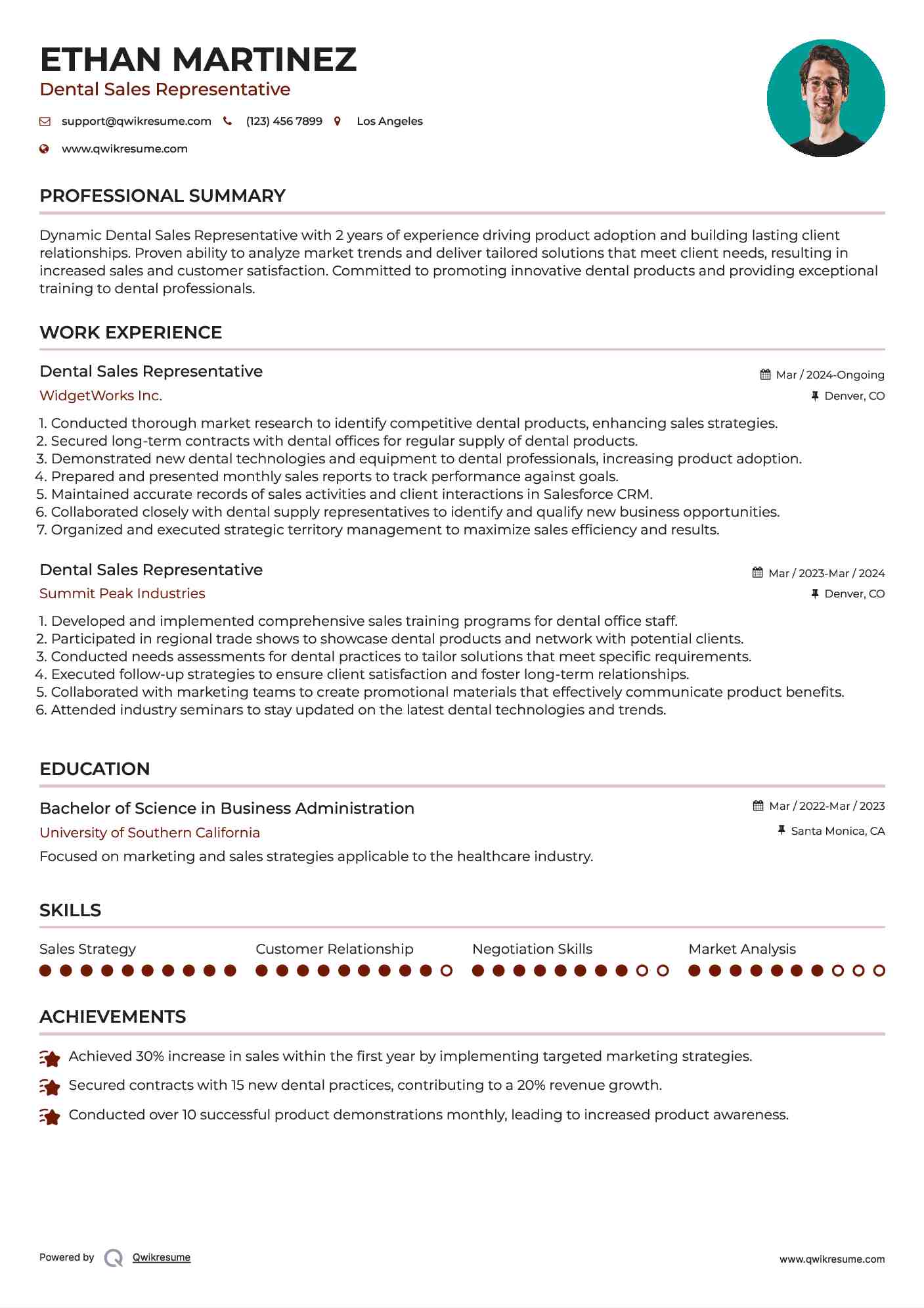 Dental Sales Representative Resume Sample