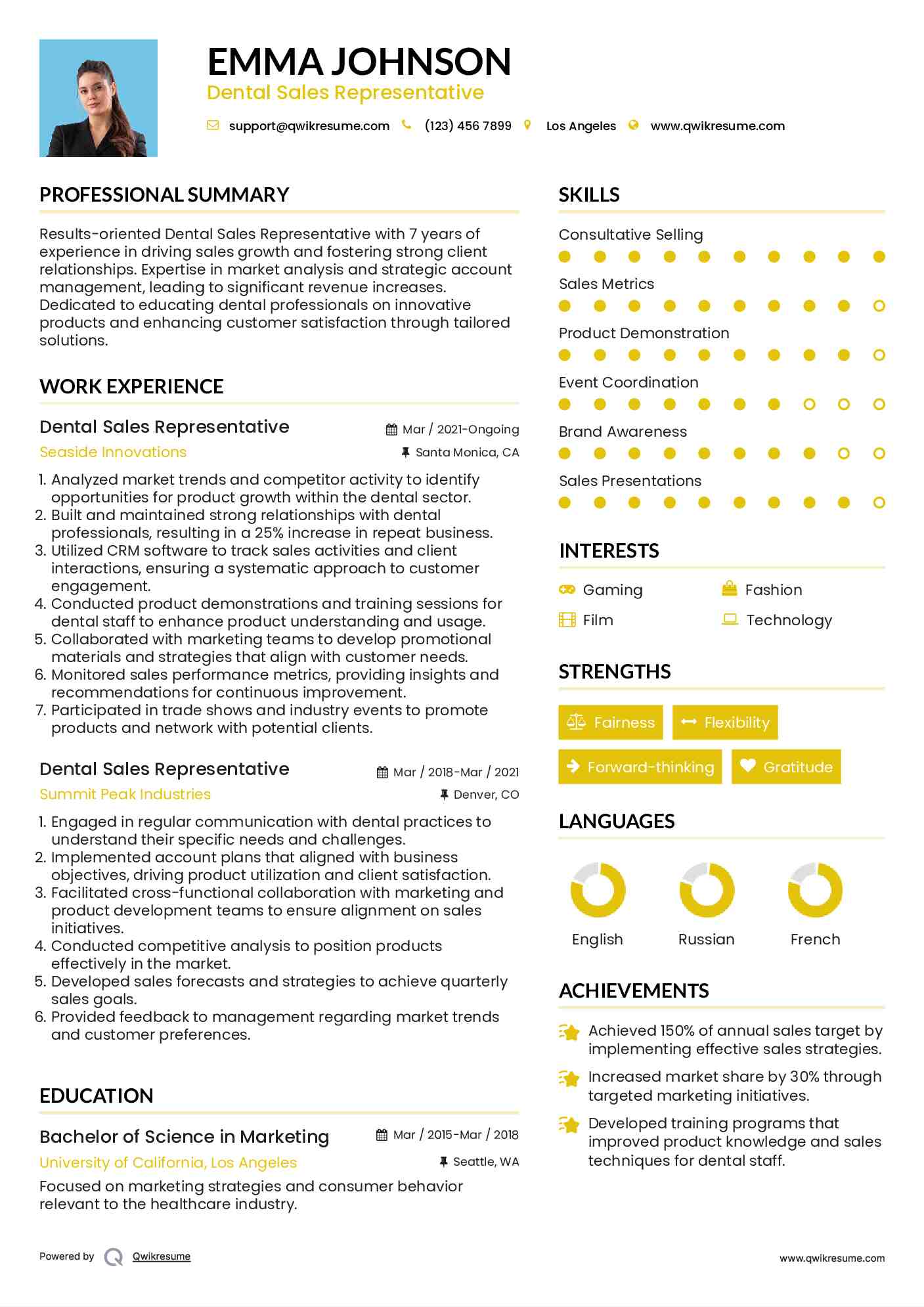 Dental Sales Representative Resume Example