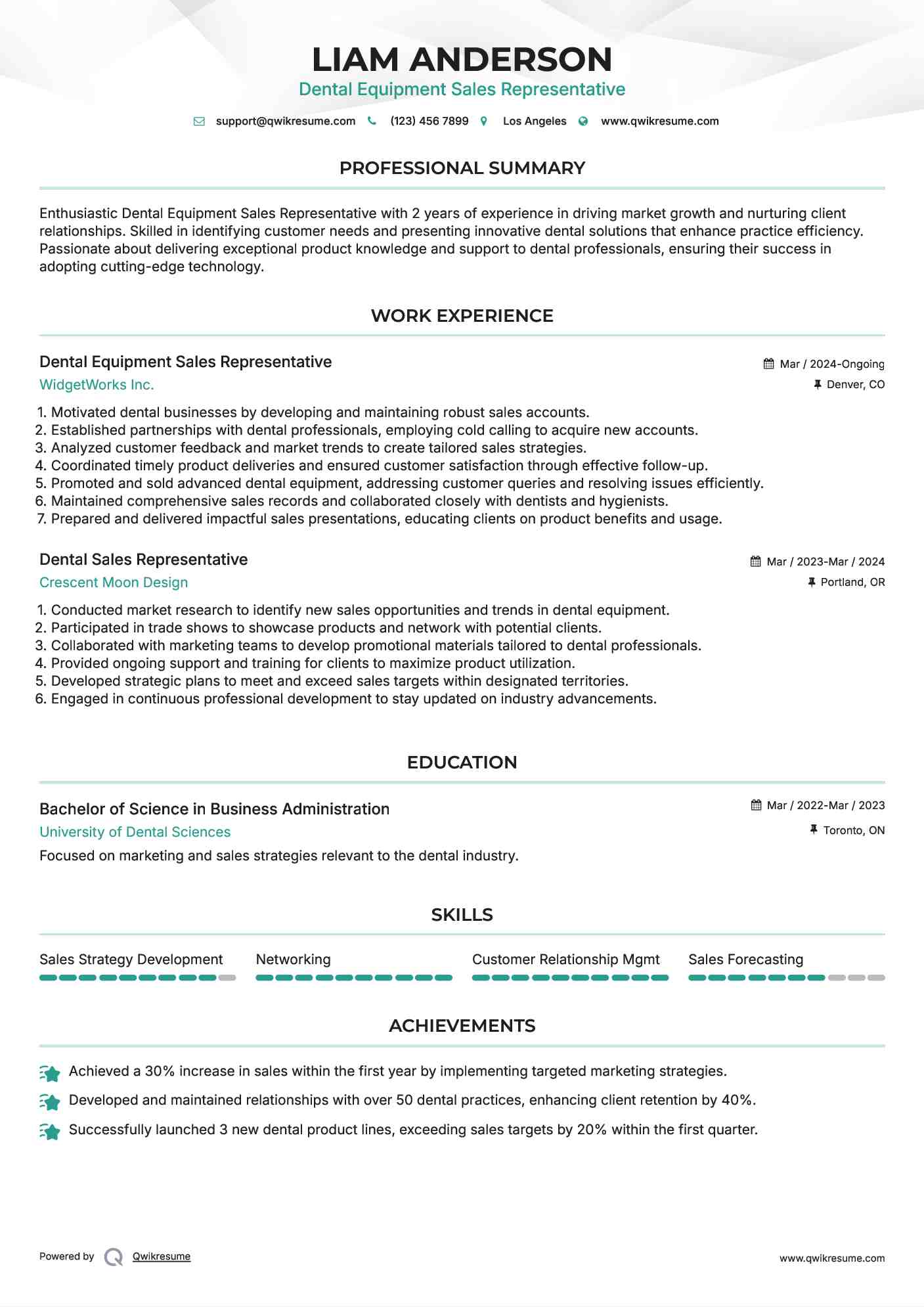 Dental Equipment Sales Representative Resume Model