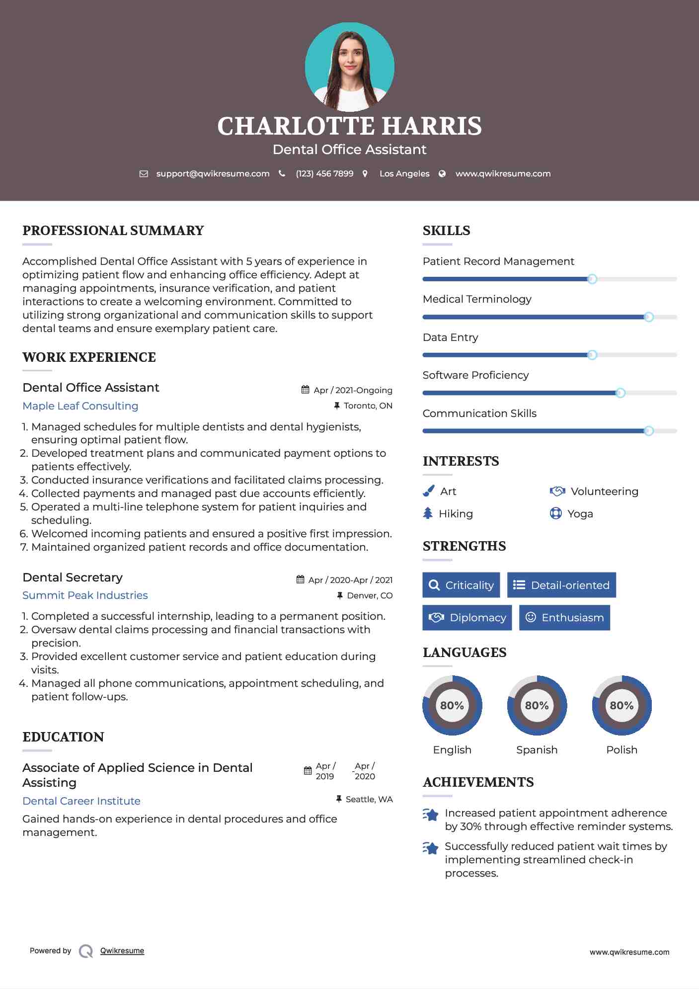 Dental Office Assistant Resume Sample