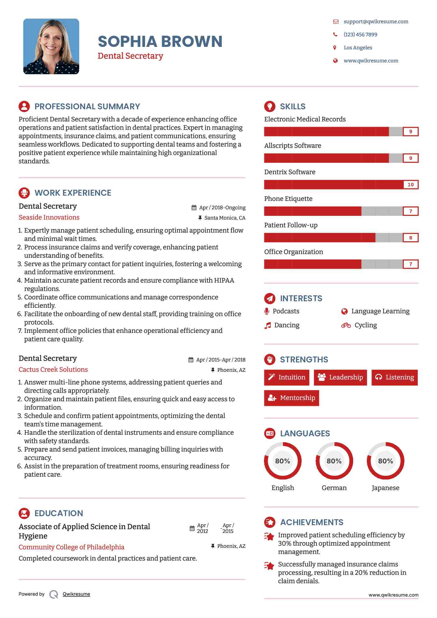Dental Secretary Resume Example