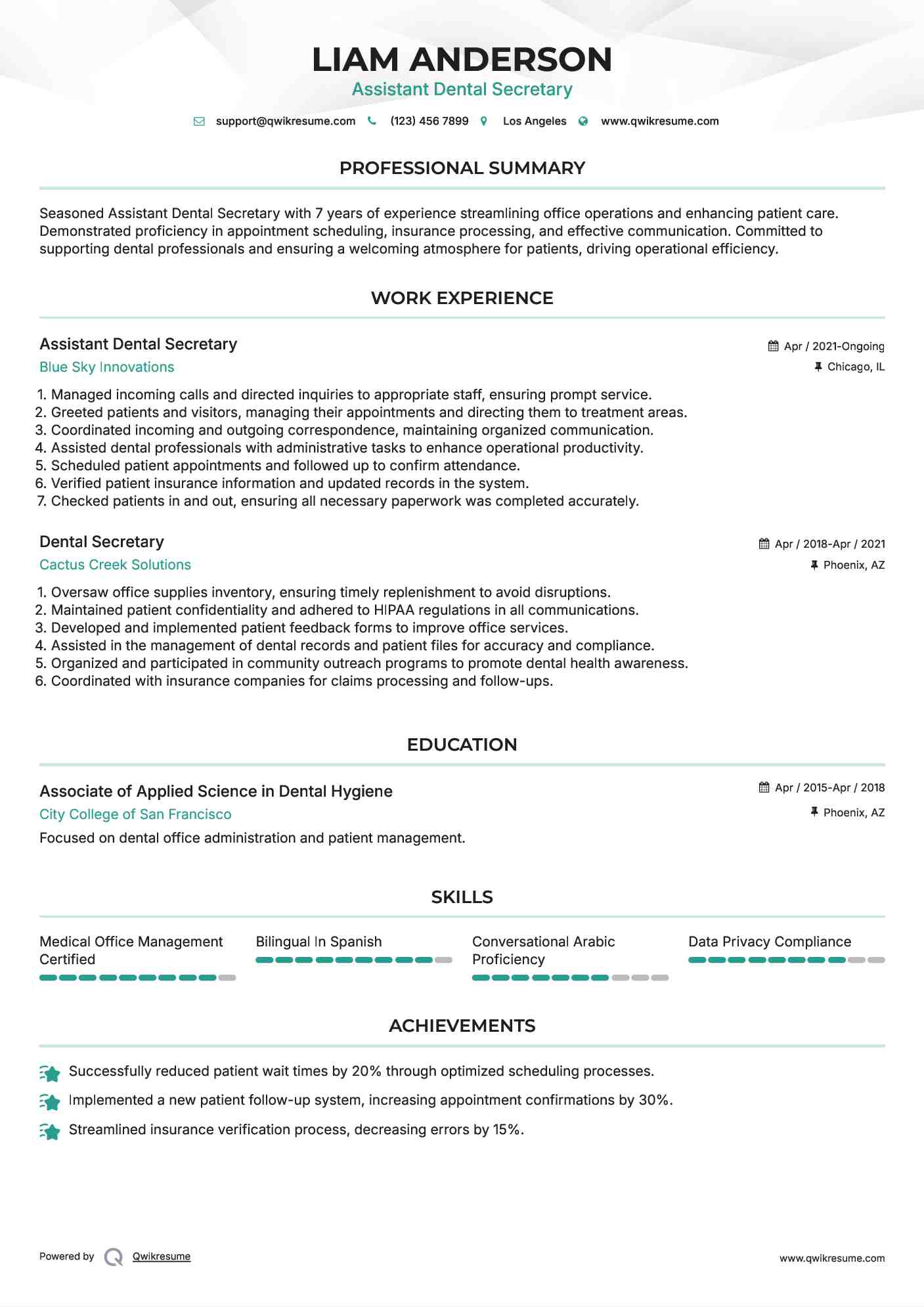 Assistant Dental Secretary Resume Example