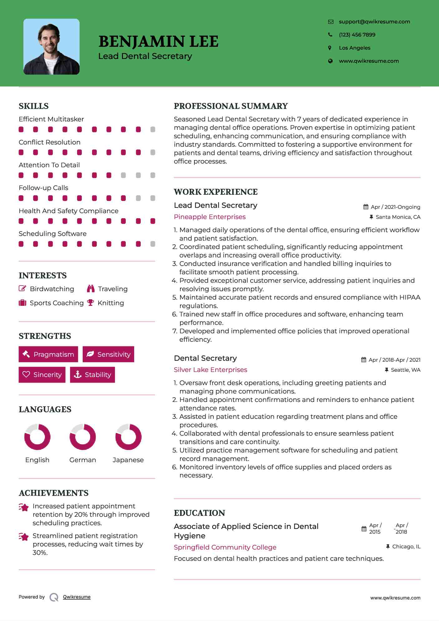 Lead Dental Secretary Resume Format