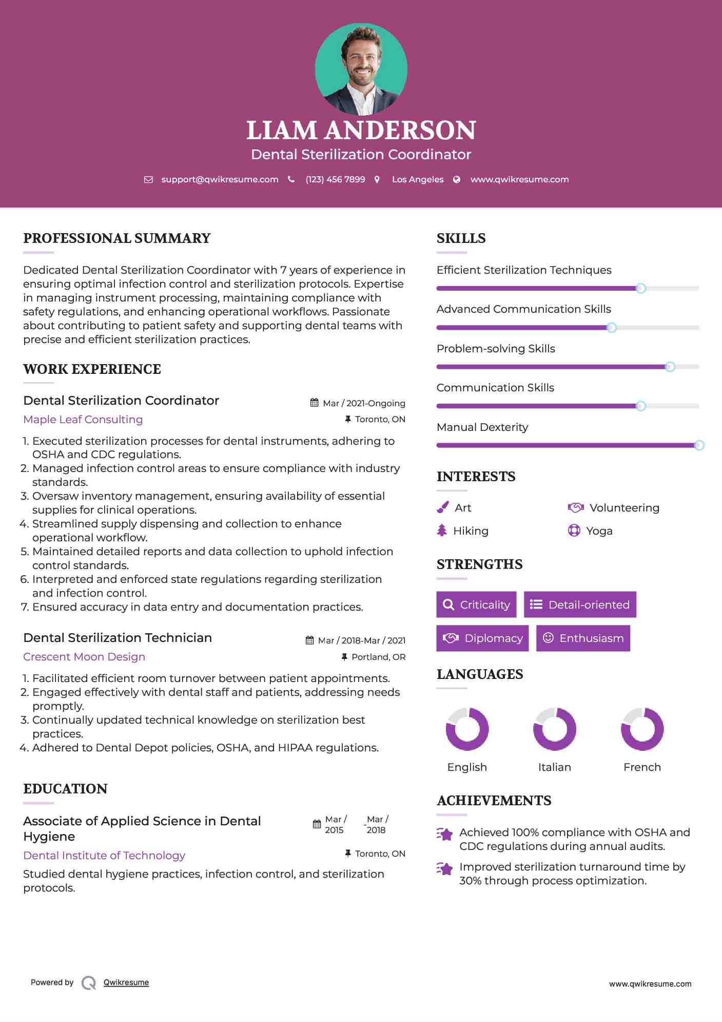 Dental Sterilization Coordinator Resume Sample