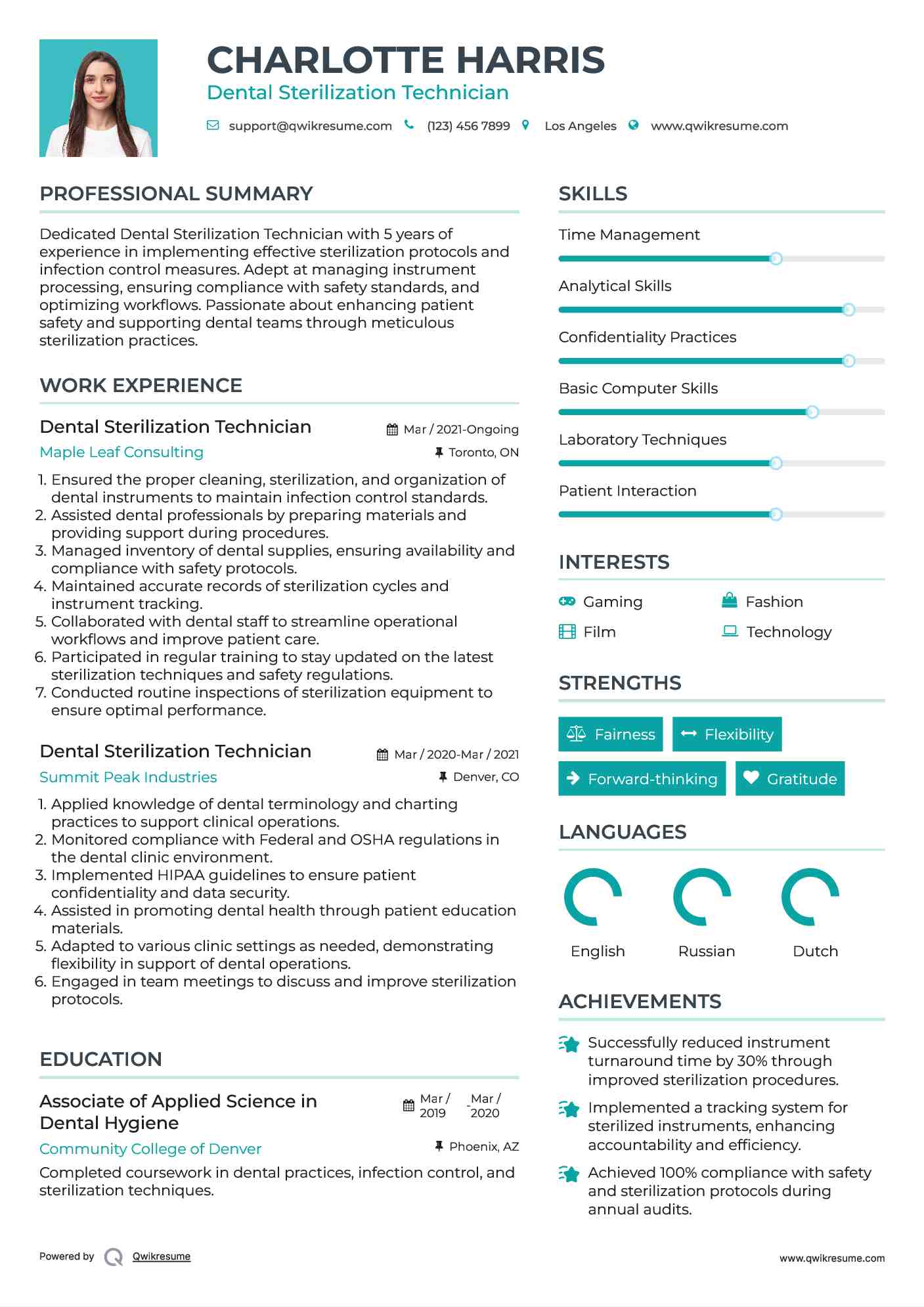 Dental Sterilization Technician Resume Samples QwikResume