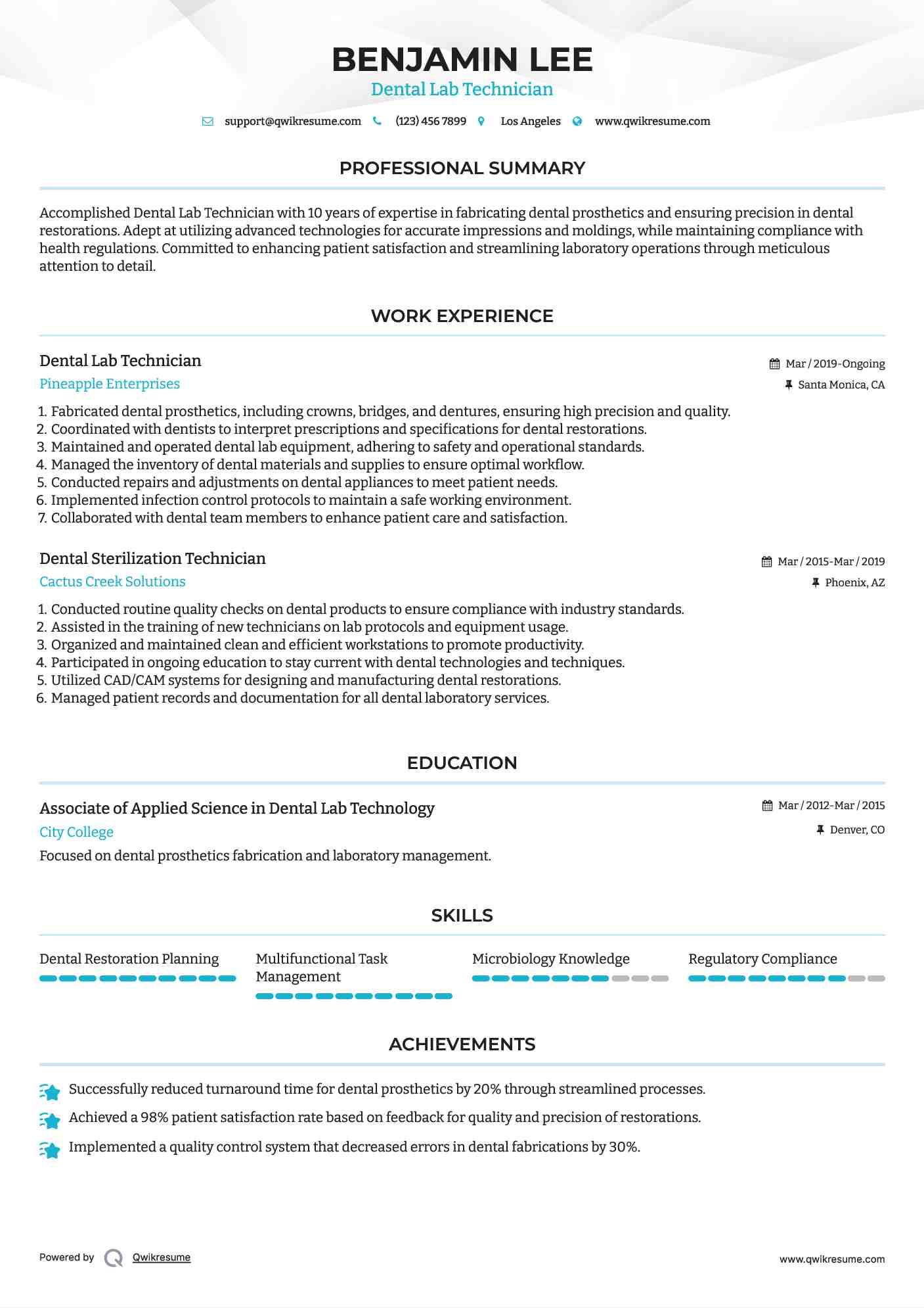 Dental Lab Technician Resume Example