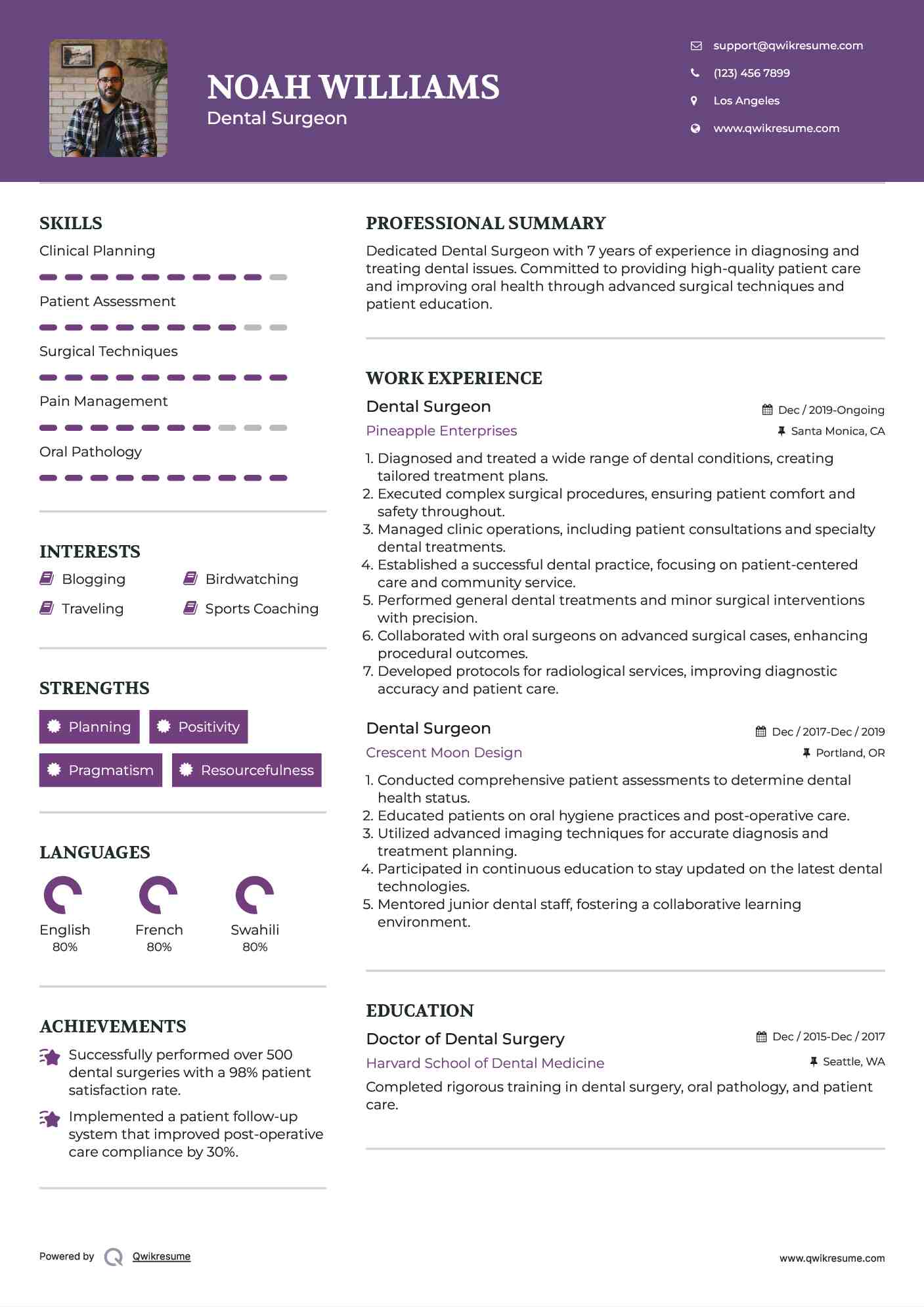 Dental Surgeon Resume Example