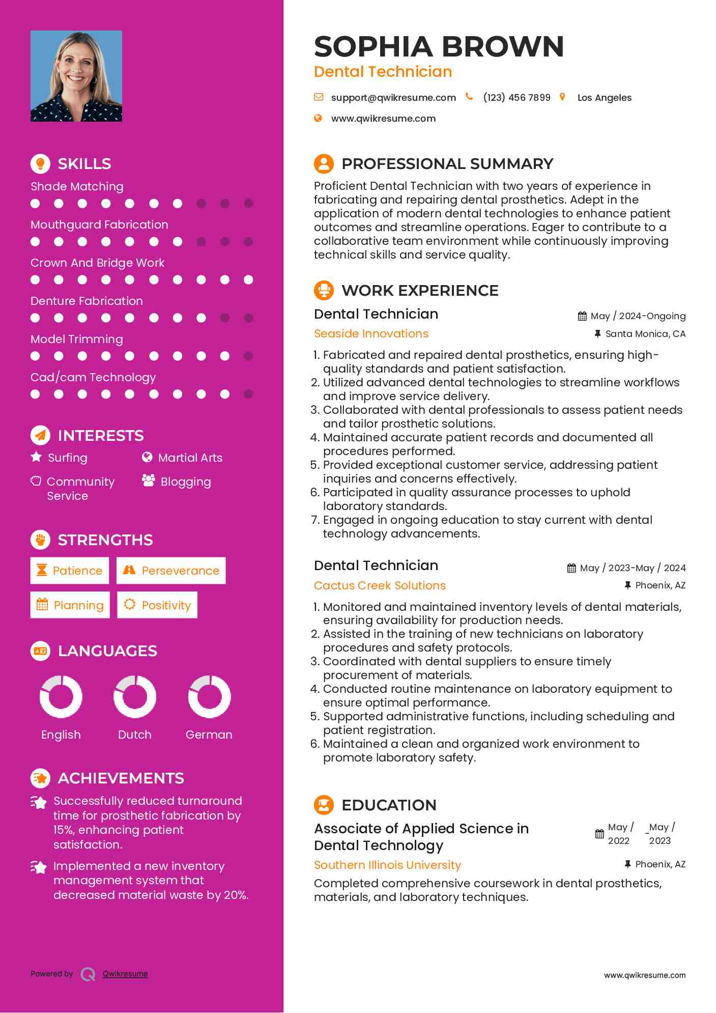 Dental Technician Resume Samples QwikResume