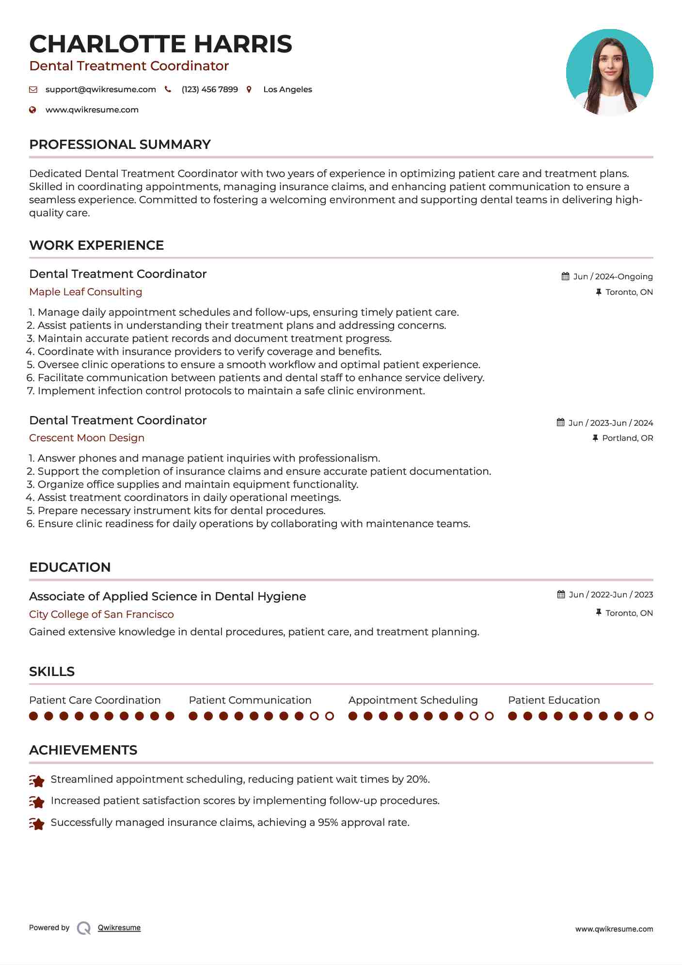 Dental Treatment Coordinator Resume Sample