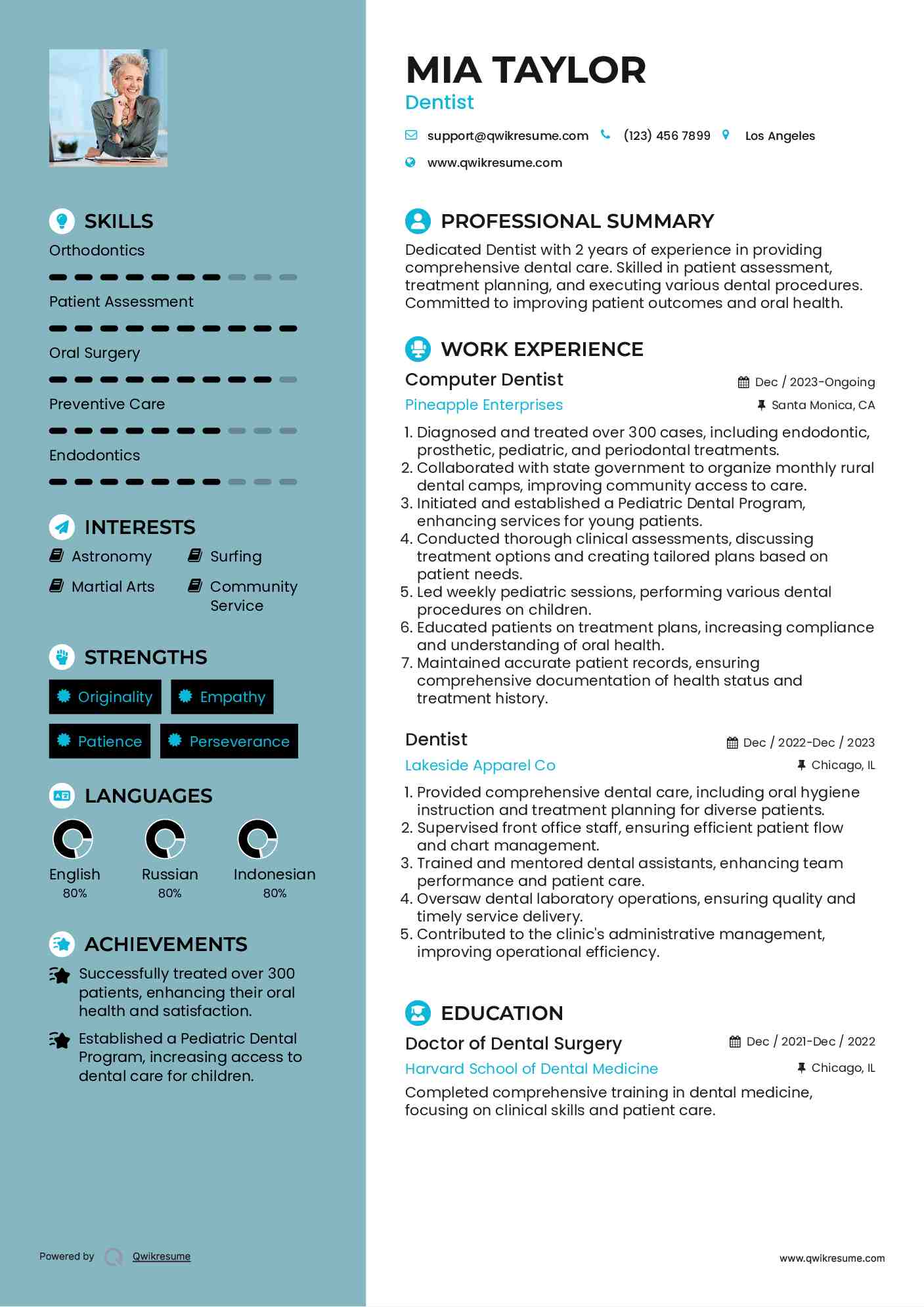 Computer Dentist Resume Example