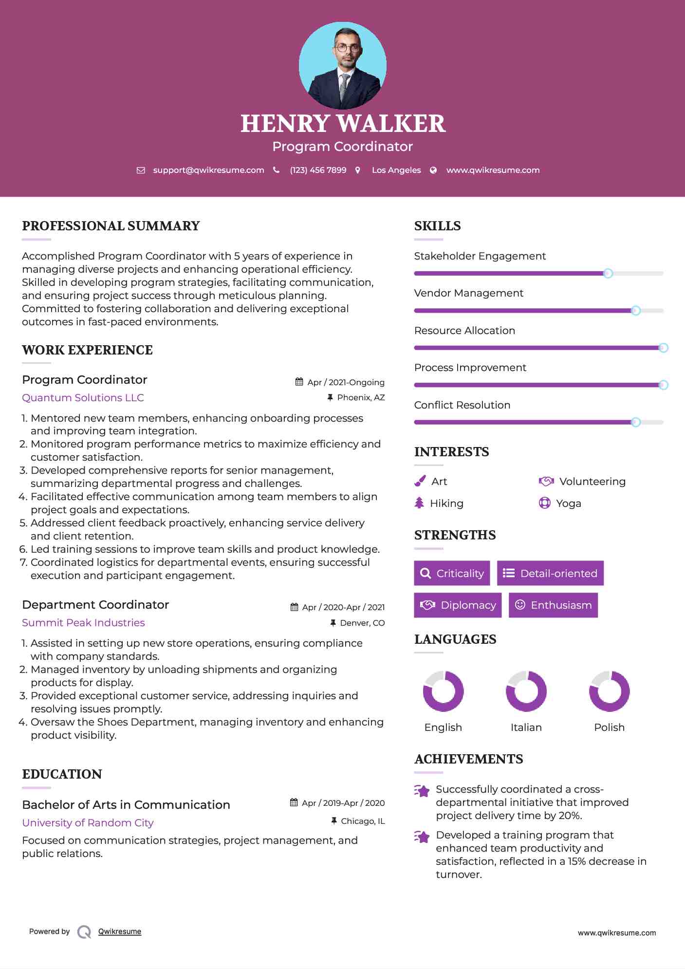 Program Coordinator Resume Sample