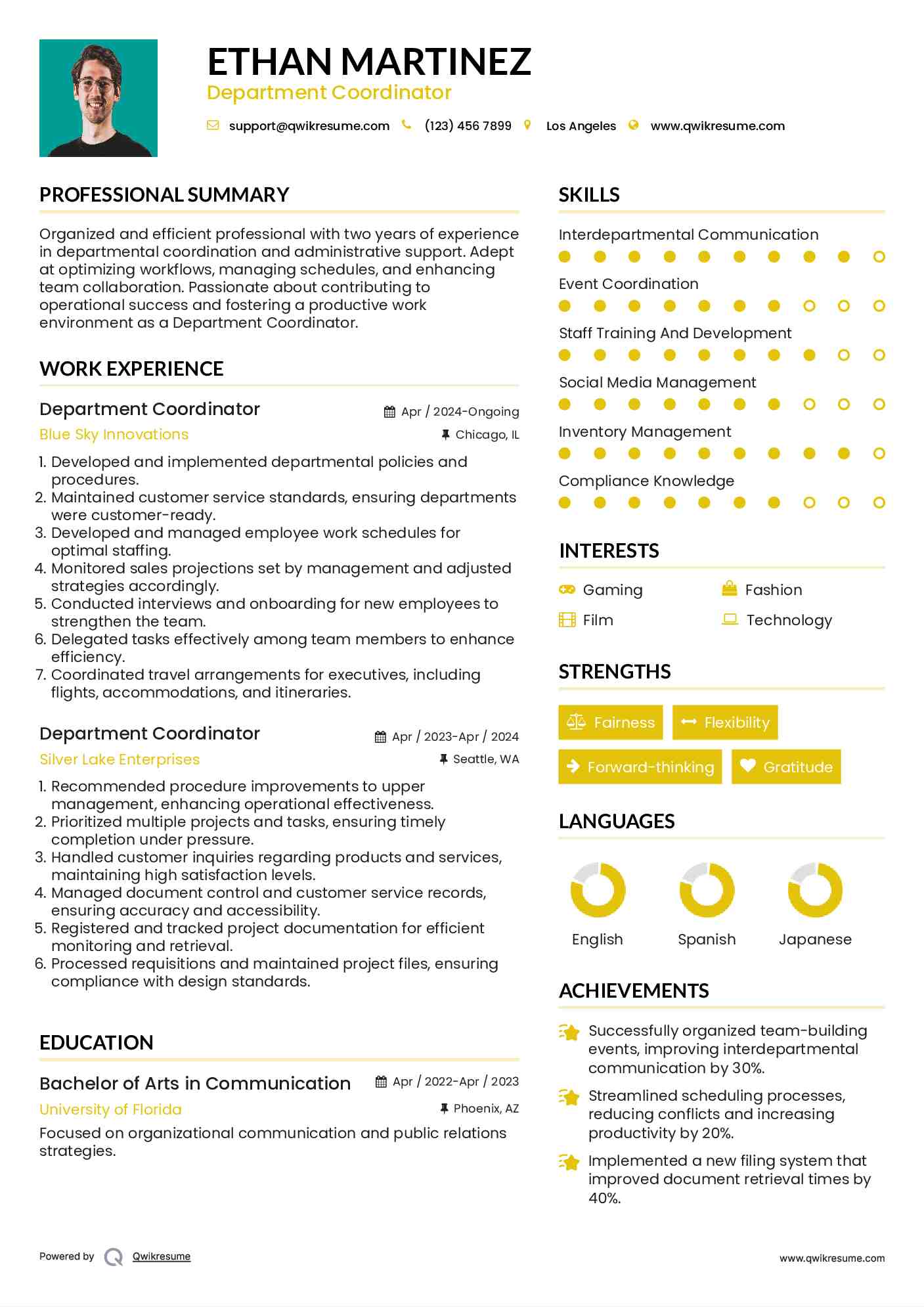 Department Coordinator Resume Format