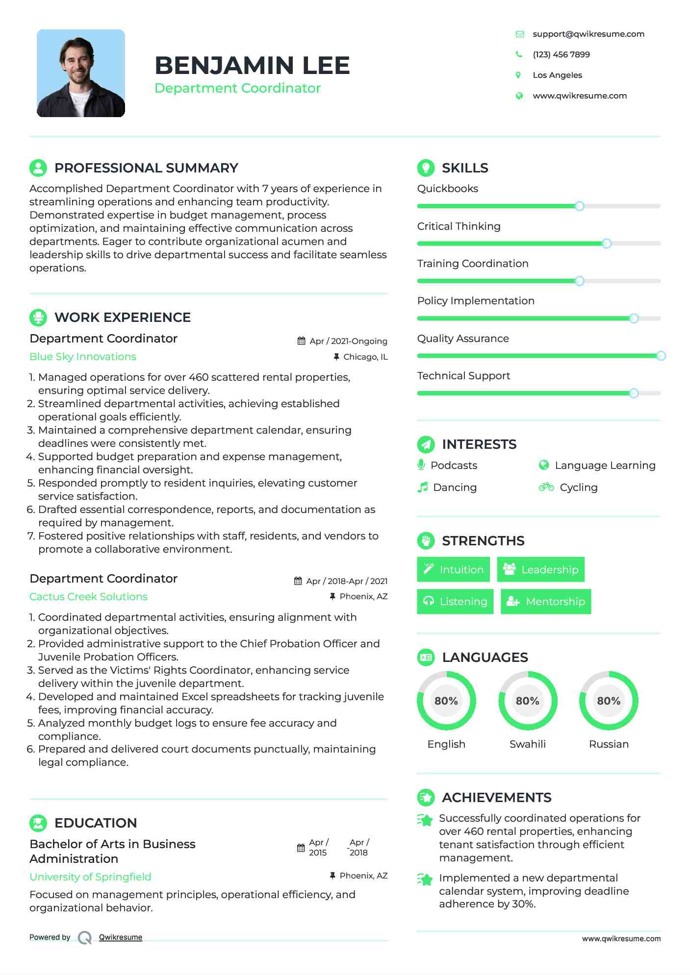 Department Coordinator Resume Example