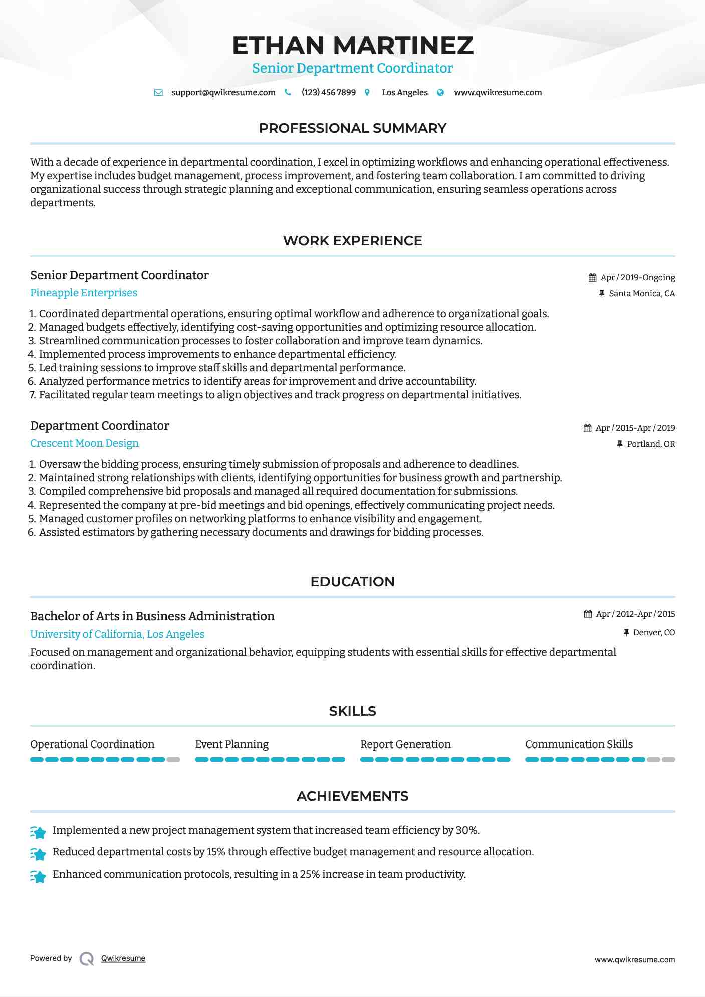 Senior Department Coordinator Resume Template